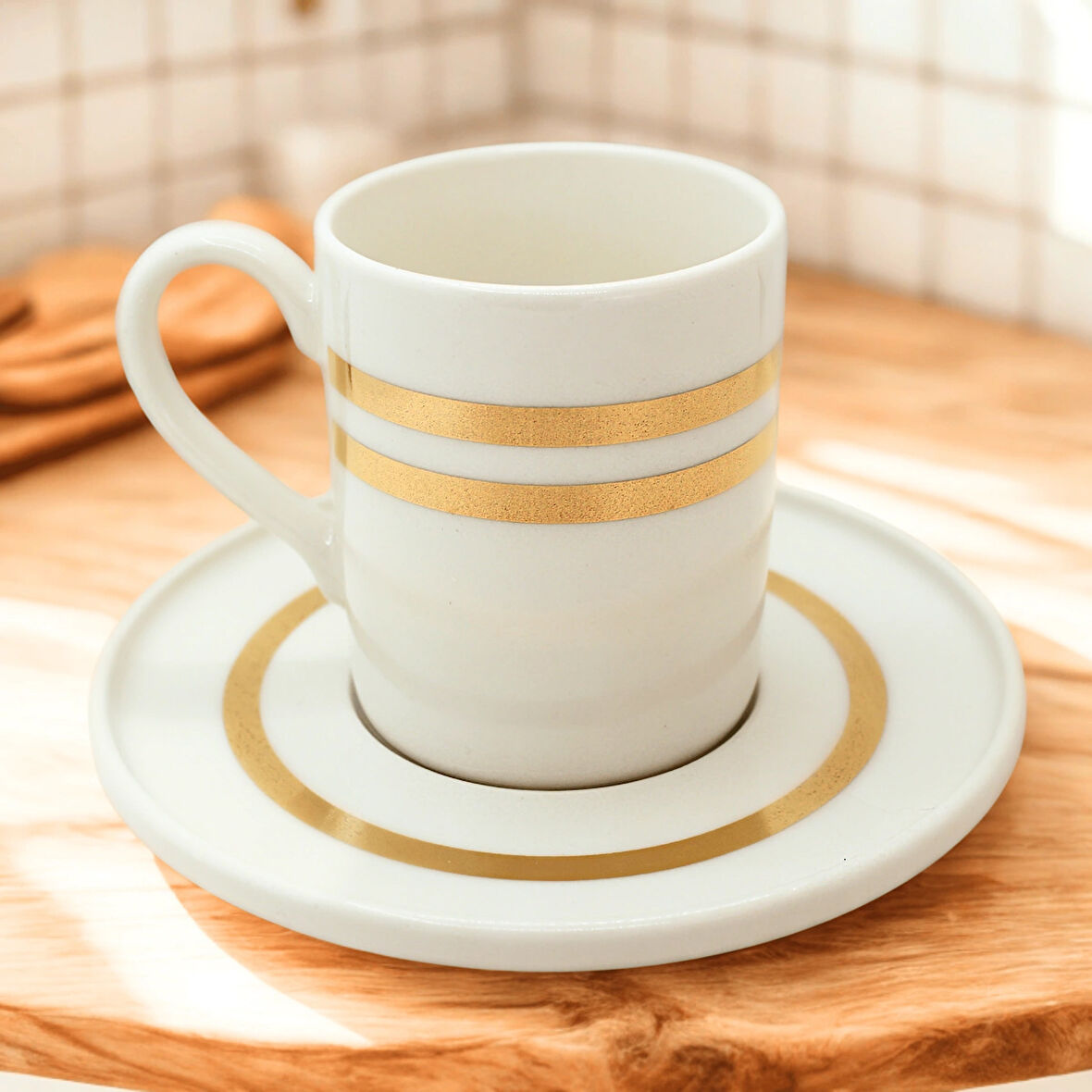 Çift Gold Çizgili 6 Kişilik Porselen Kahve Fincan Takımı