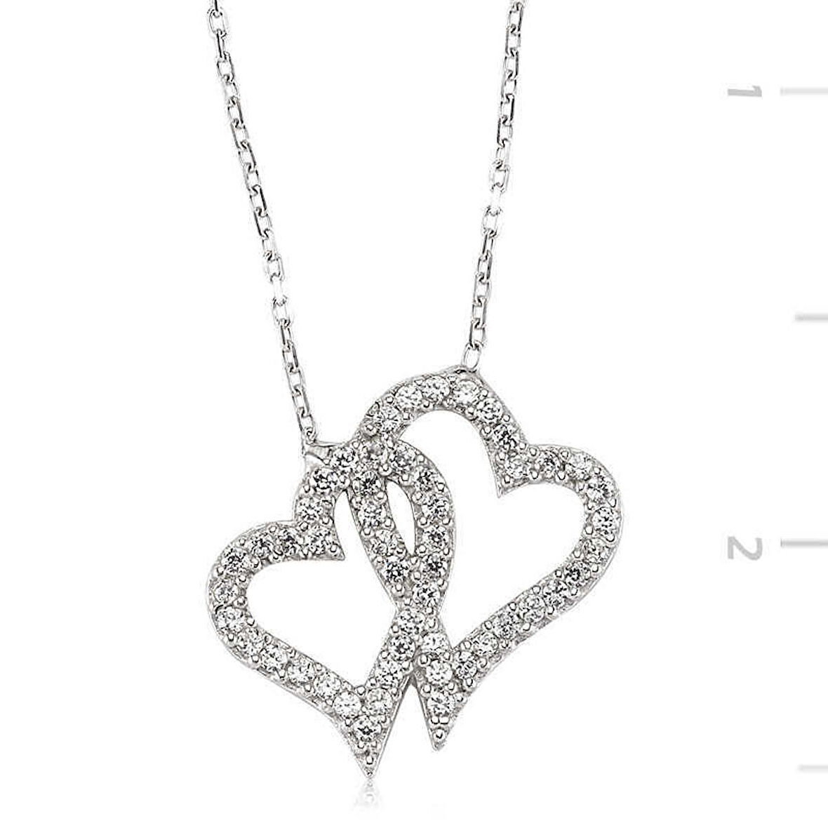 Gümüş İki Kalp Kadın Kolye