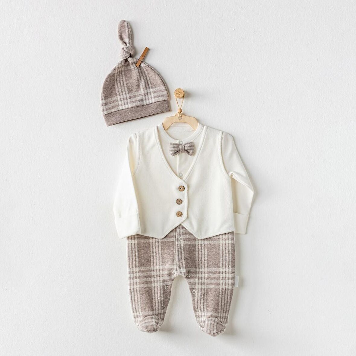 Andywawa AC24405 Little Man Bebek Tulum Takım Beige Ecru