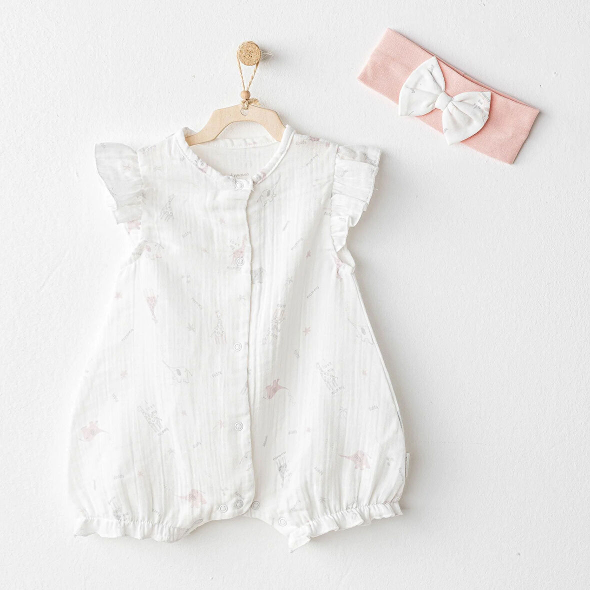 Kız Bebek Tulum Takim Romper Band Set Love Family Muslin AC25504