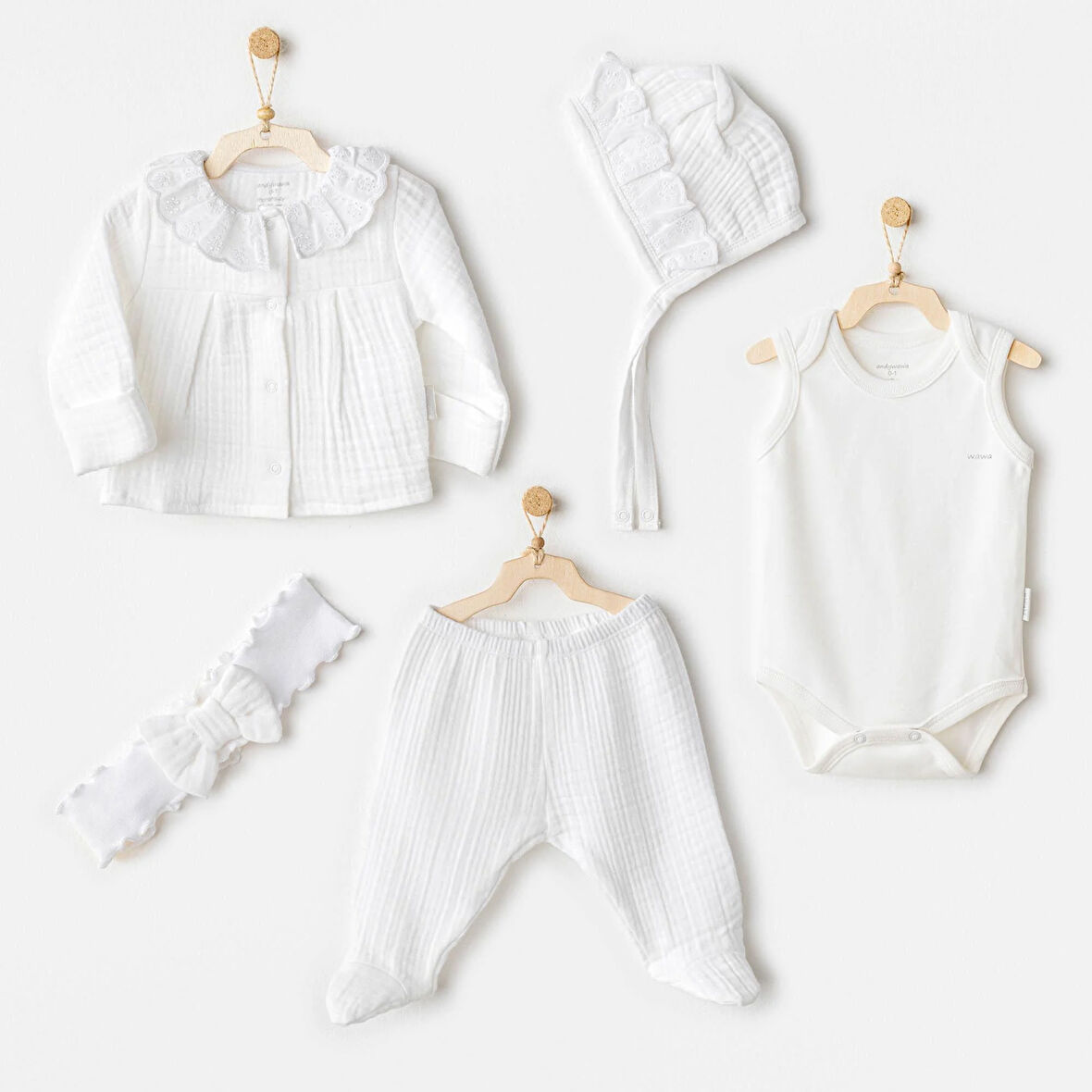 Kız Bebek Hastane Çıkışı 5 Pcs Newborn Set Natural Gift Muslin AC25840