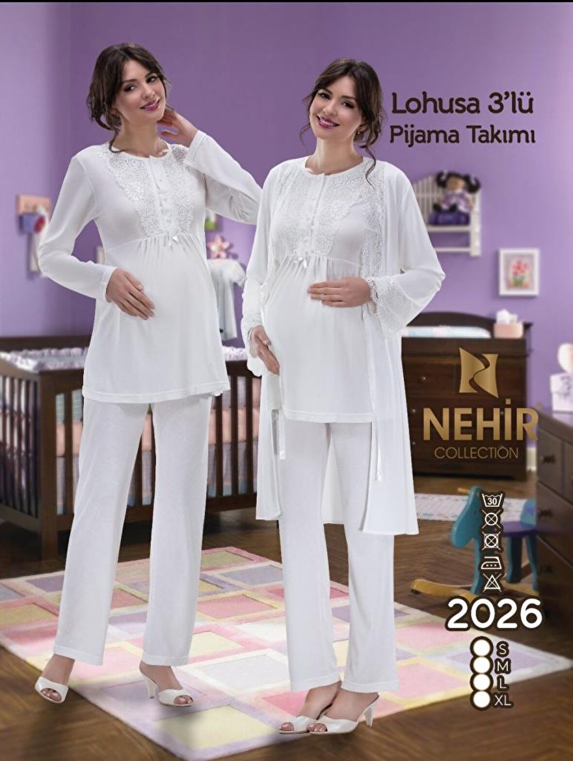 NEHİR 2026 Ecru  Hamile Lohusa 3 Lü Pijama Sabahlık TK