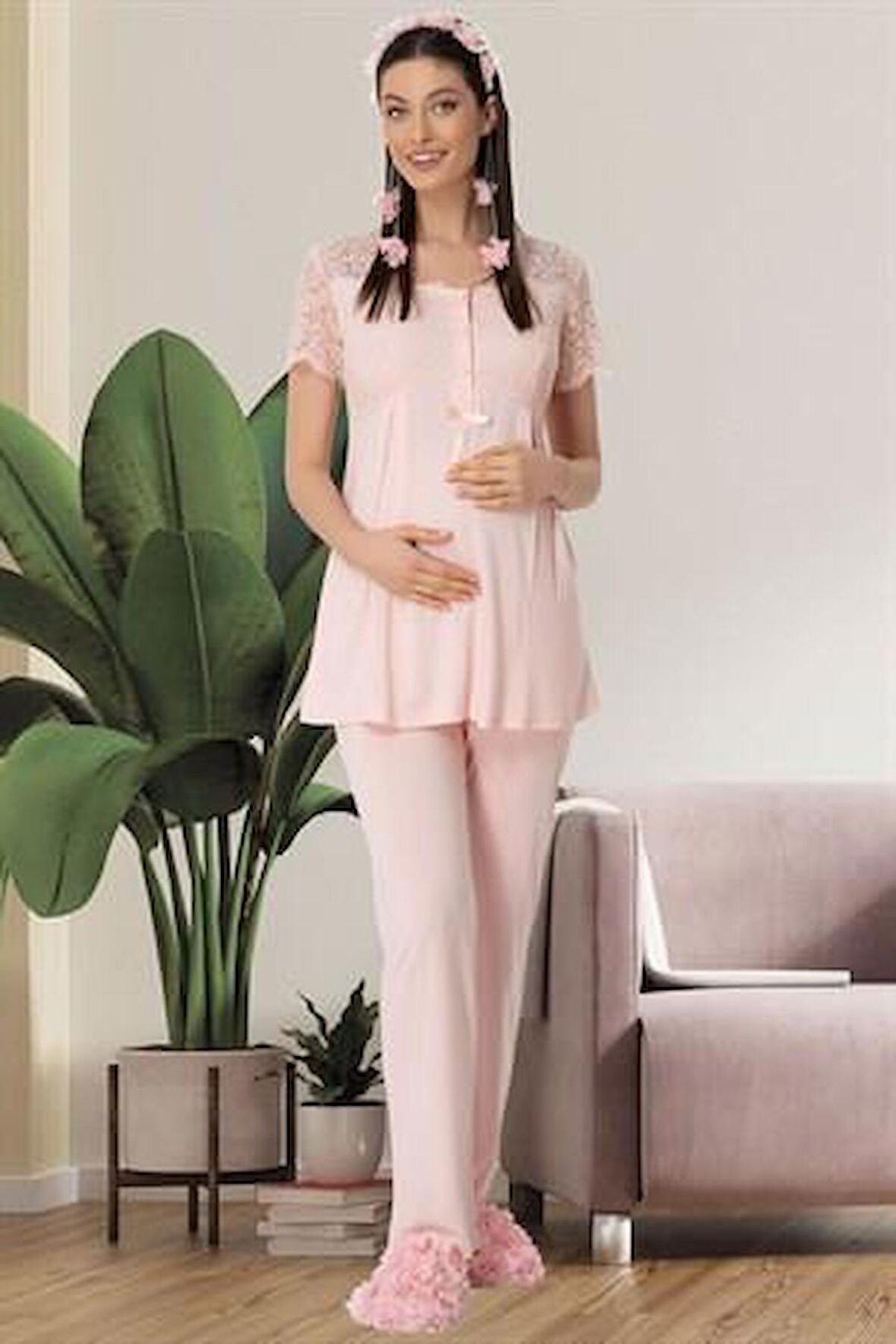 Mecit 5422 Pudra Dantel Detaylı Hamile Lohusa Pijama Tk