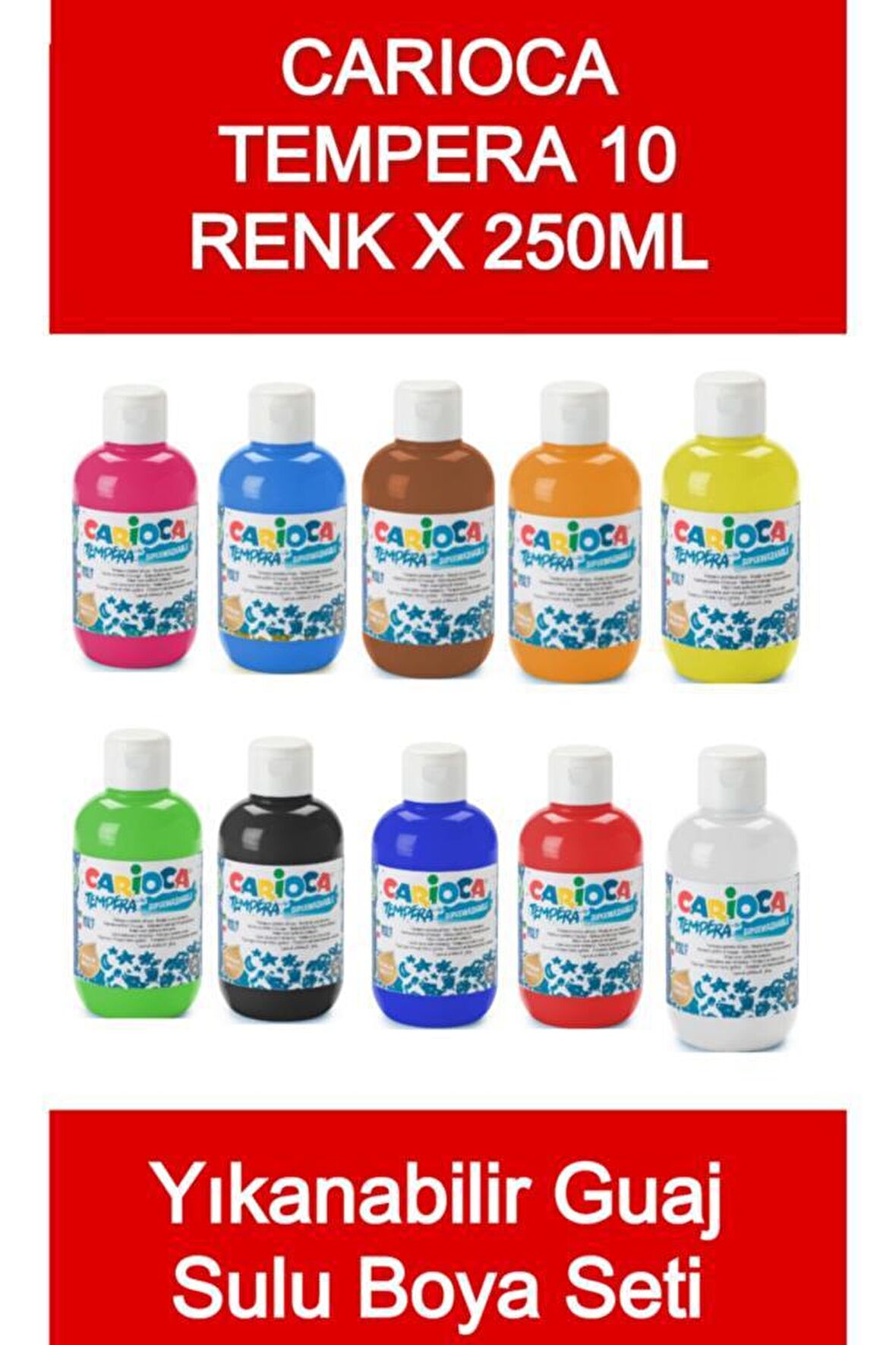 Carioca Tempera Süper Yıkanabilir Guaj - Sulu Boya Seti 10 Renk x 250 Ml.