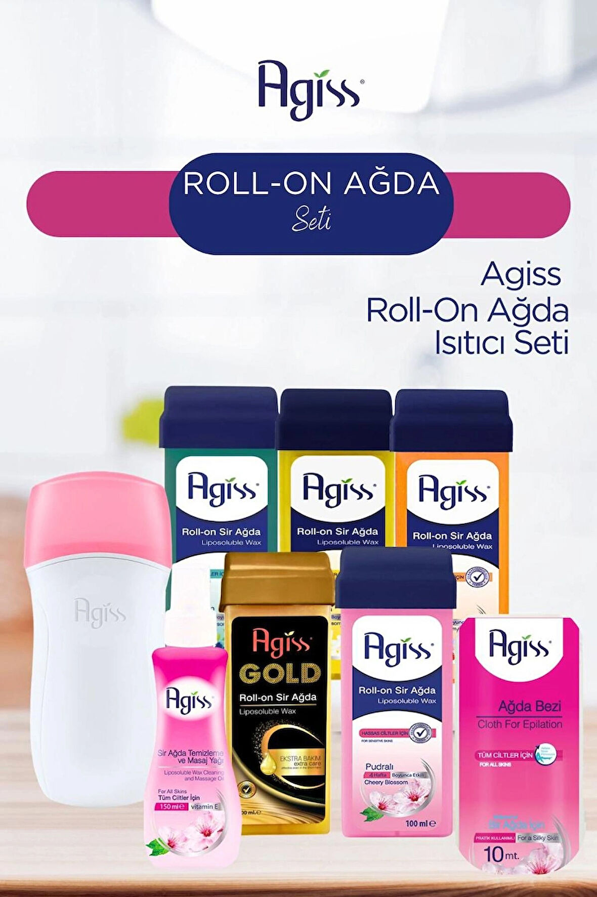 AGISS Roll-On Ağda Isıtıcı Seti + 5’li Roll-On Sir Ağda + Ağda Bezi (10 mt) + Ağda Temizleme Yağı