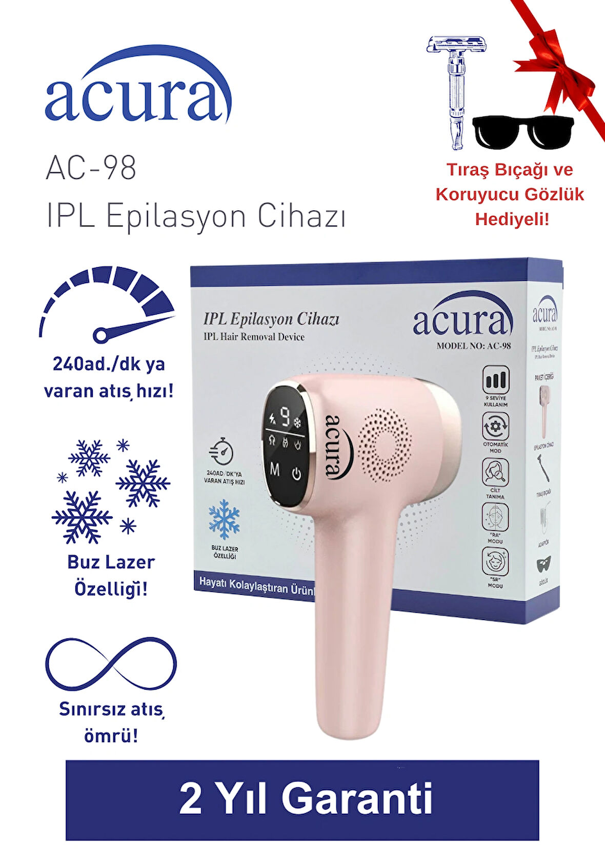 AC-98 Ultra Hızlı, Sınırsız Atışlı Buz Lazer IPL Lazer Epilasyon Cihazı