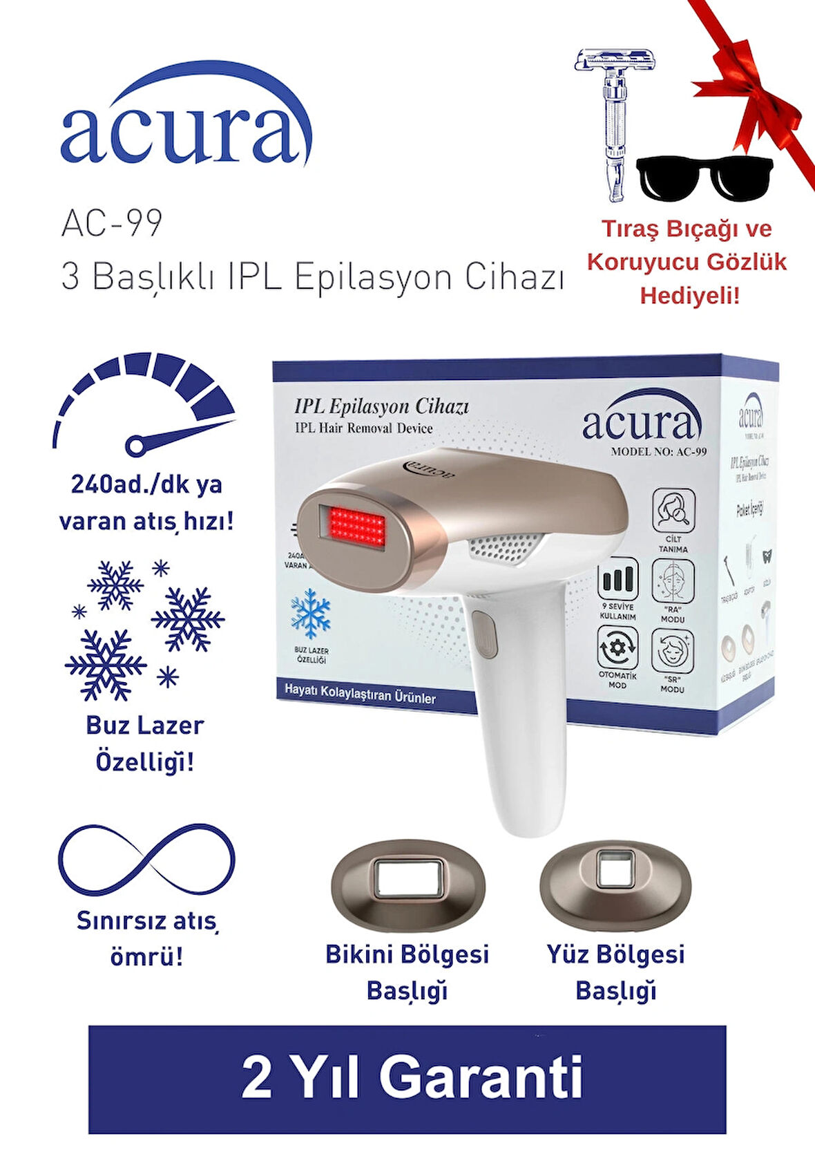 AC-99 Ultra Hızlı, 2 Başlıklı Sınırsız Atışlı Buz Lazer IPL Lazer Epilasyon Cihazı