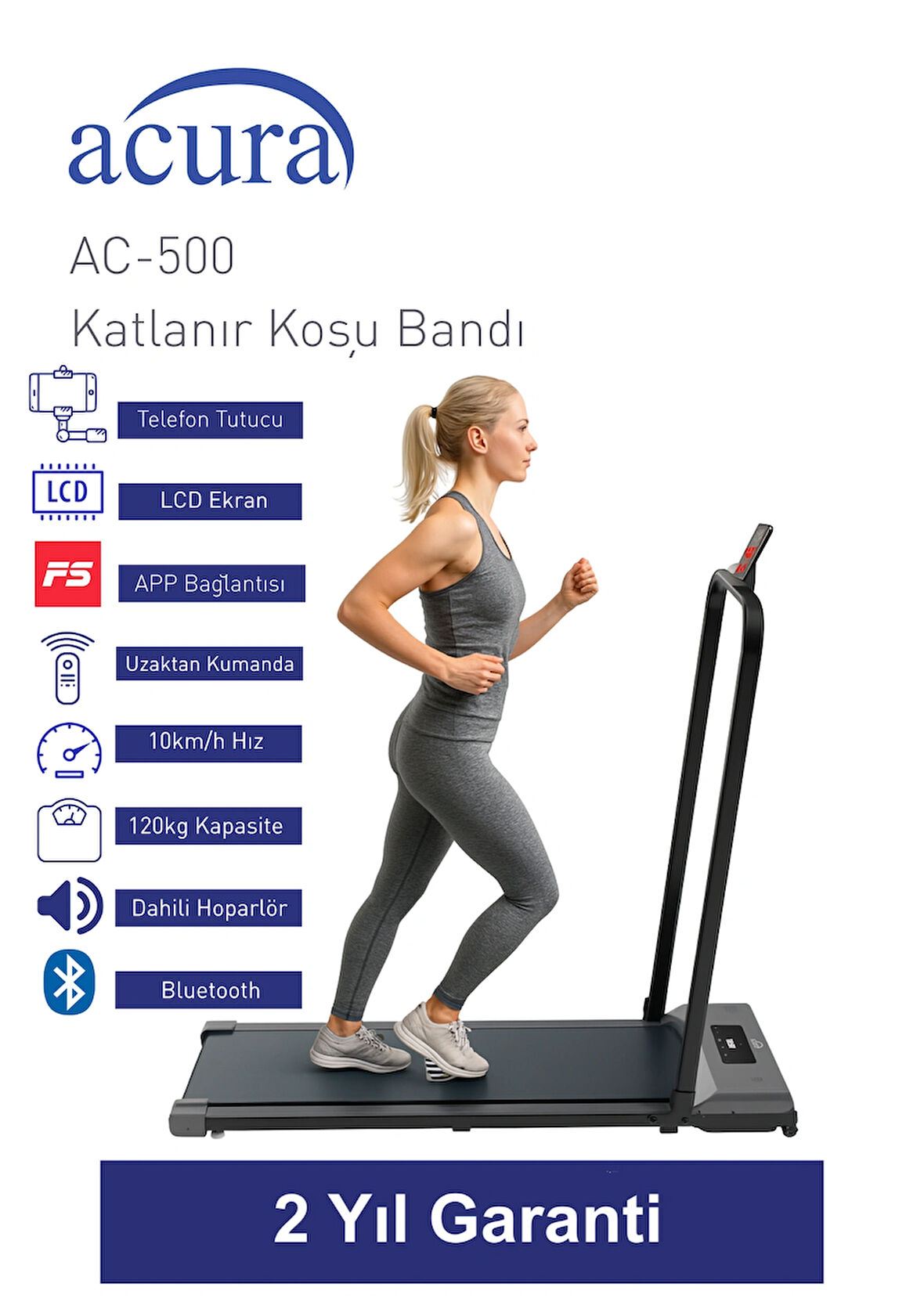 AC-500 Bluetoothlu, Hoparlörlü, Uzaktan Kumandalı Katlanır Koşu Bandı