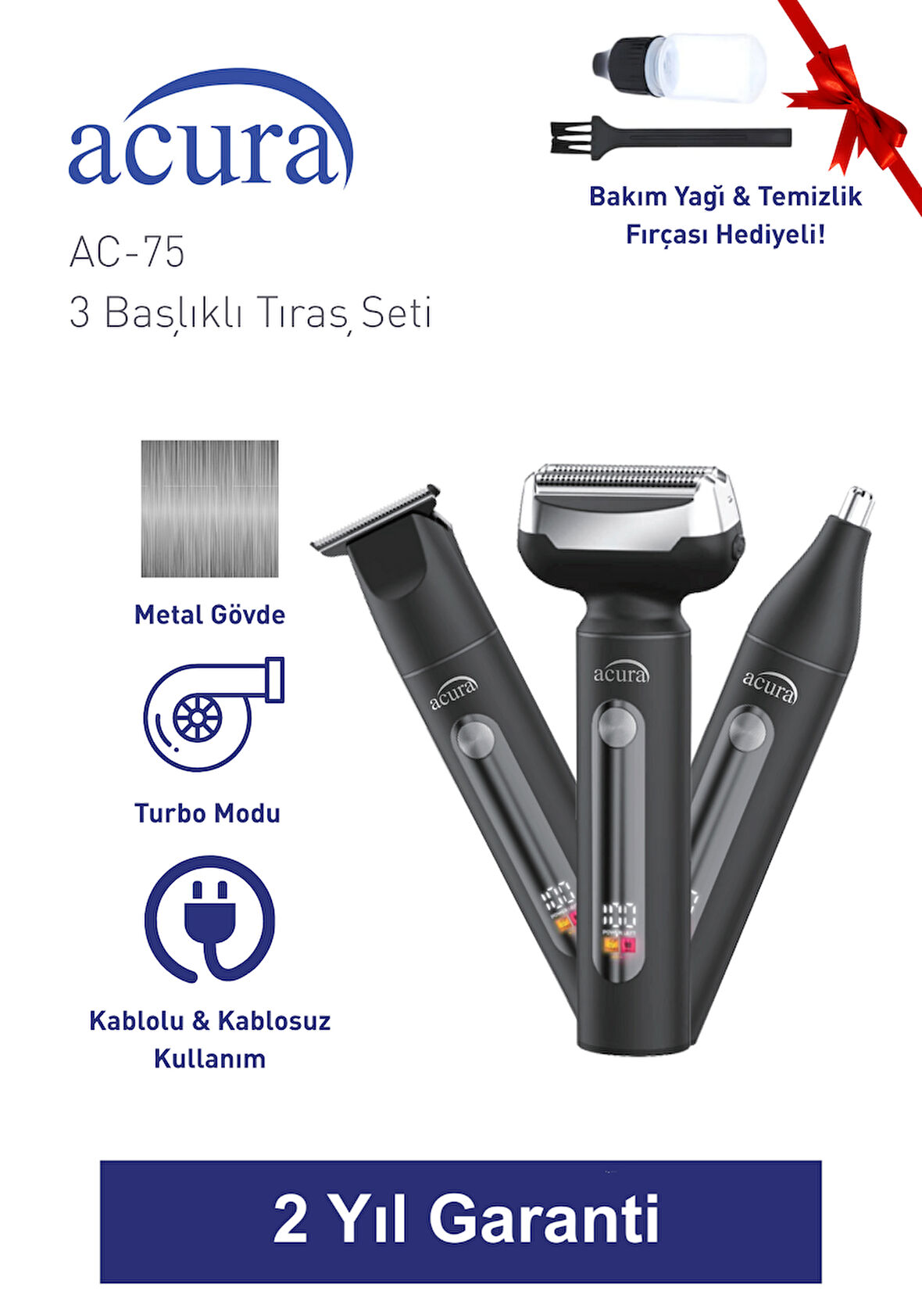 Acura AC-75 3 Başlıklı Metal Gövdeli Tıraş Seti