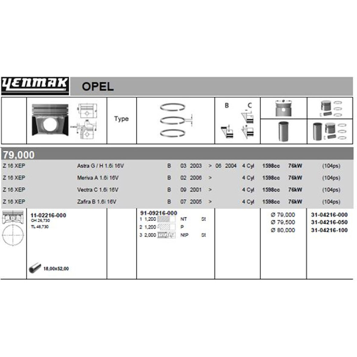 Opel Motor Piston Segman Komple { 1mm Farklı} Astra G – Astra H – Vectra C – Zafıra B – Meriva A – Z16xep - Yenmak 31-04216-100