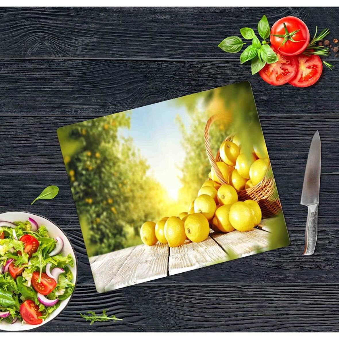 Sabanbaba Dekoratif Cam Kesme Tahtası Limon Sepeti 30 x 40 cm | Cam Kesme Tablası