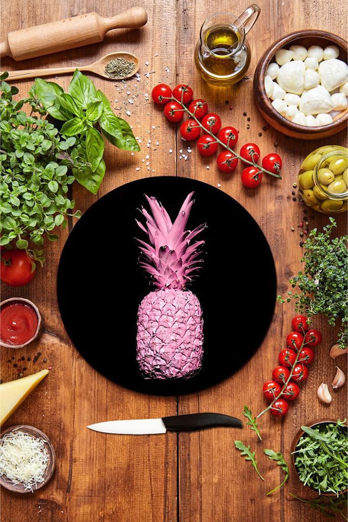 Siyah Ananas Cam Kesme Tahtası - Sunum Tabağı| Çap 20