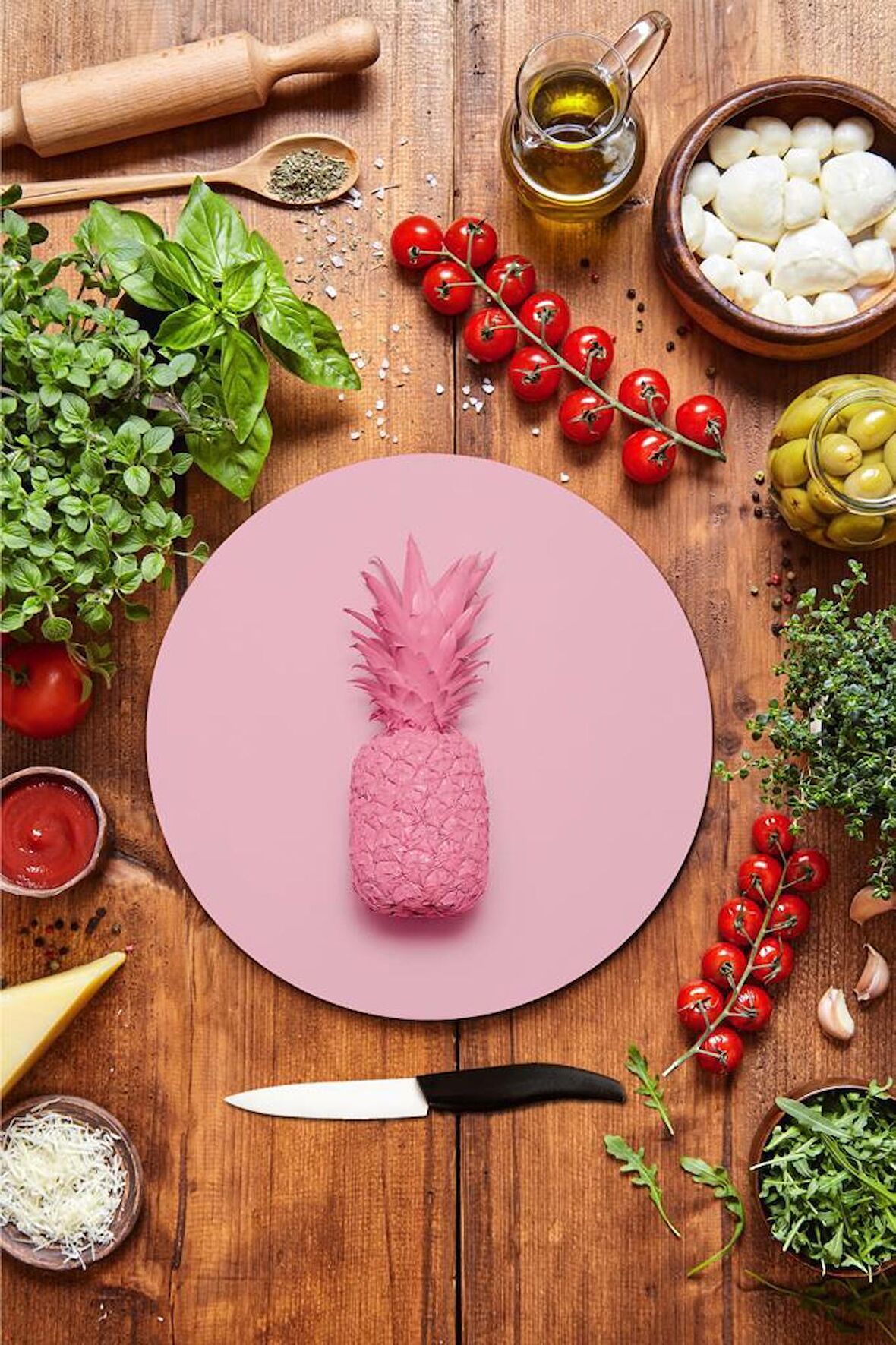 Pembe Ananas Cam Kesme Tahtası - Sunum Tabağı| Çap 20
