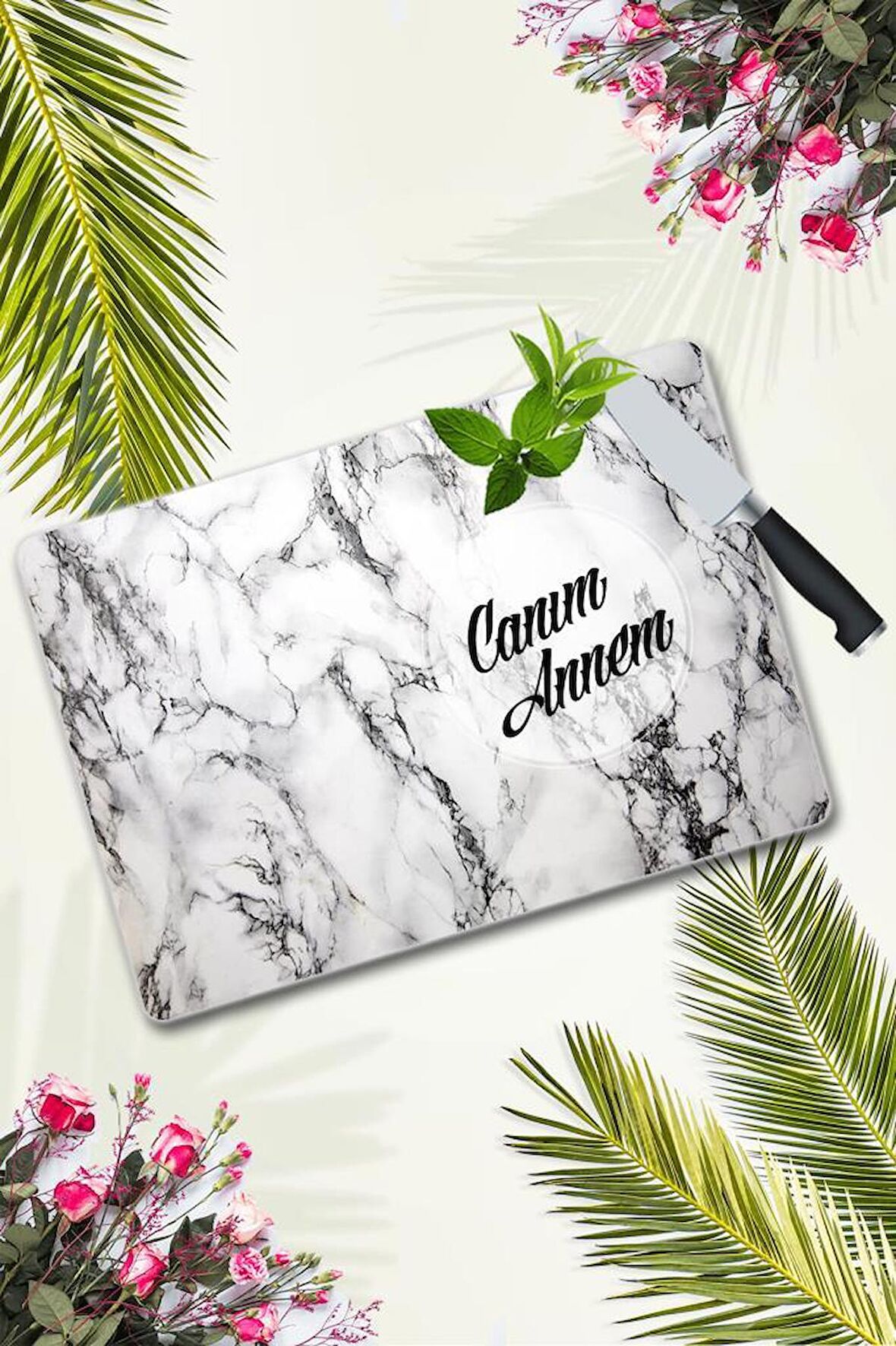 Canım Annem Beyaz Mermer Cam Kesme Tahtası | 30 Cm X 40 Cm