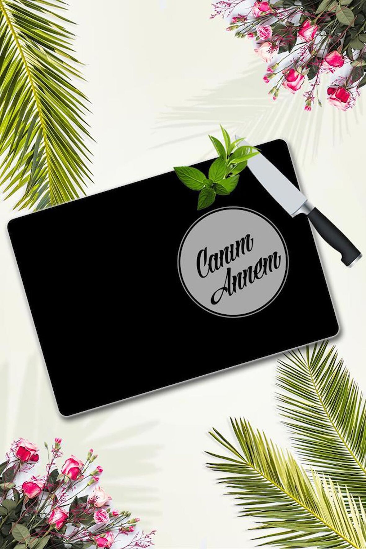 30x40 cm Canım Annem Düz Siyah Desenli Cam Kesim Tablası