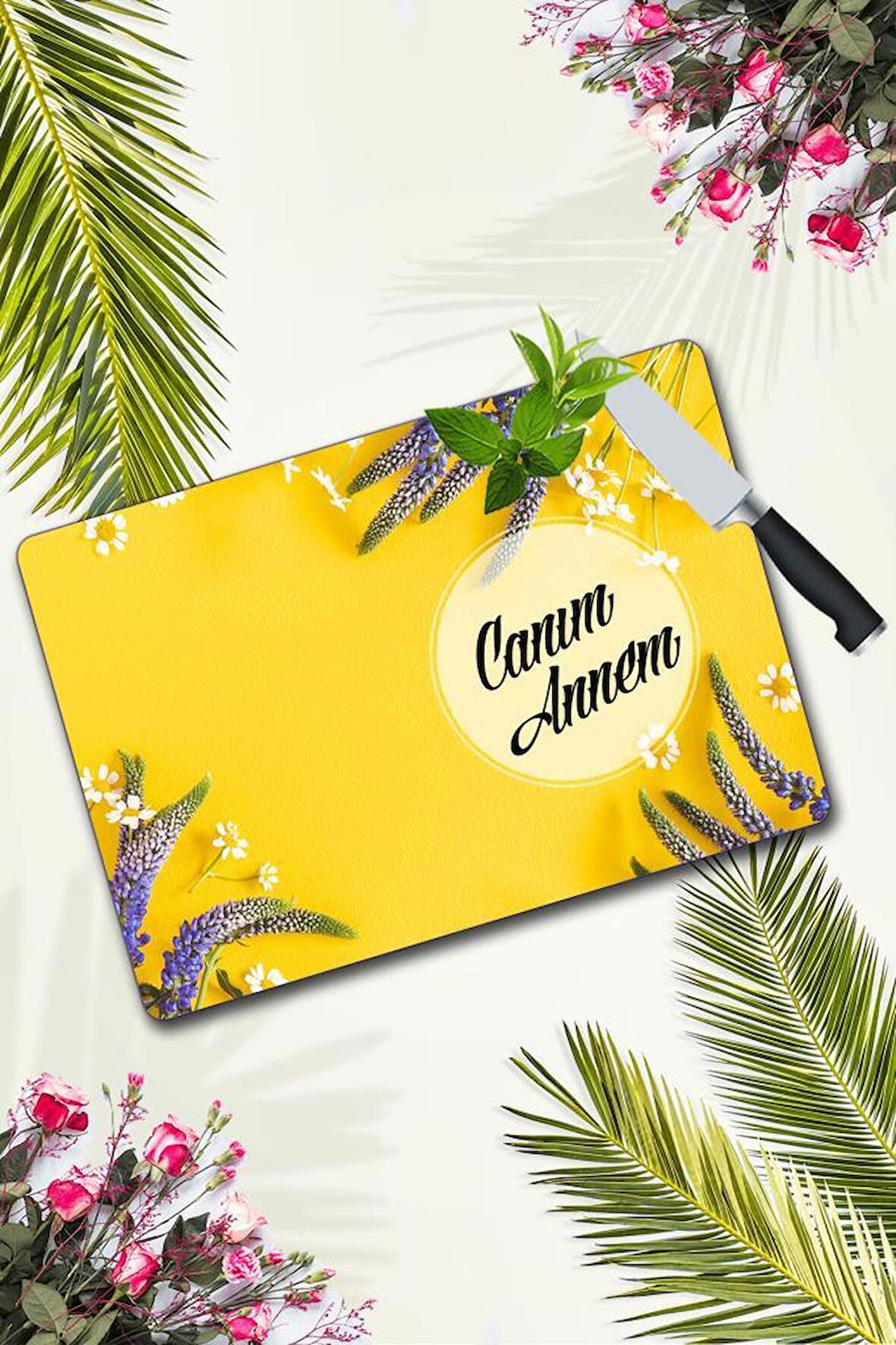 Canım Annem Sarı Karanfil Cam Kesme Tahtası | 30 Cm X 40 Cm