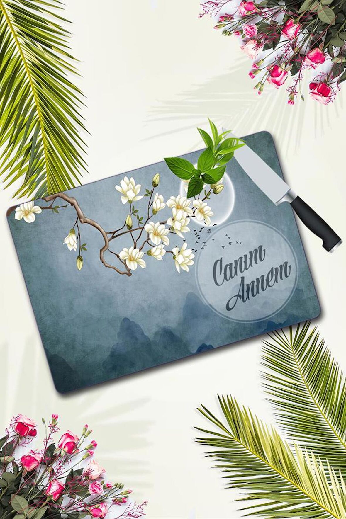 Canım Annem Ay & Çiçekler Beyaz Cam Kesme Tahtası | 30 Cm X 40 Cm