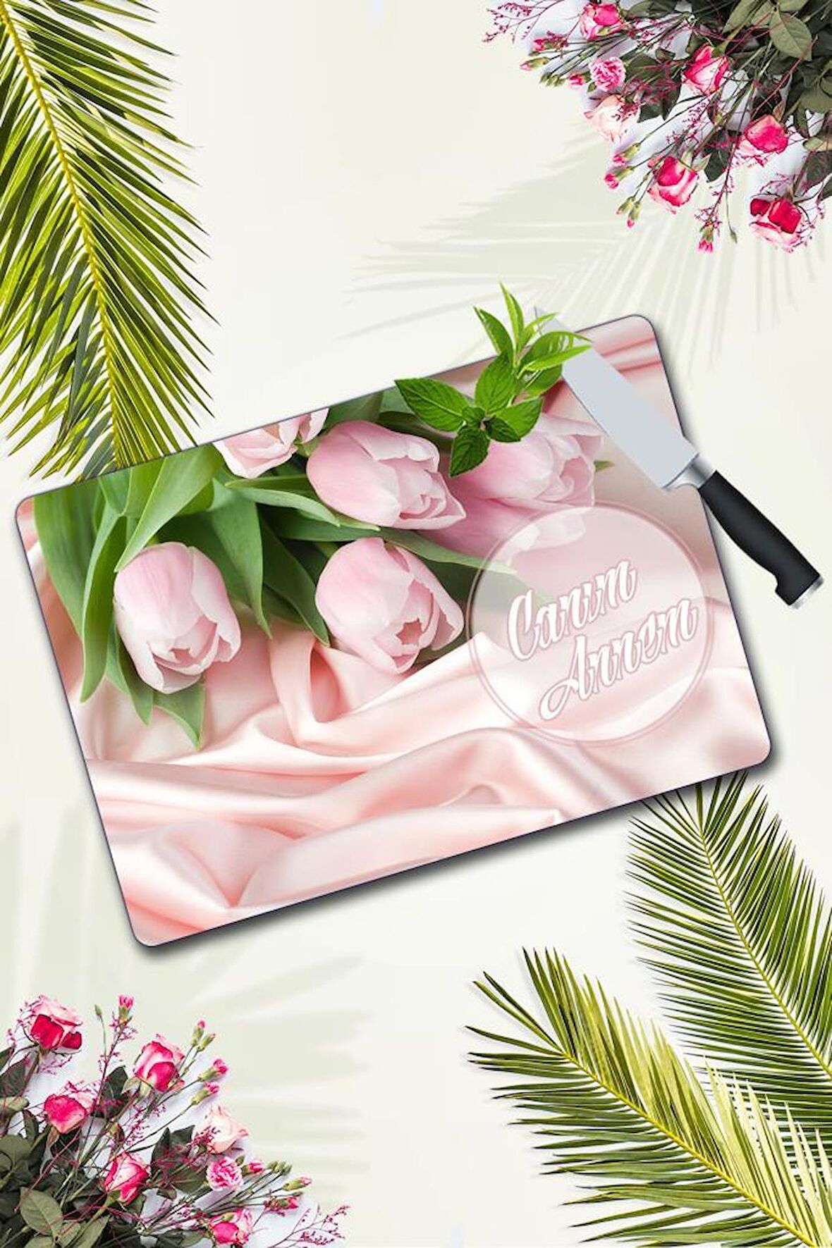 Canım Annem Pembe Güller Cam Kesme Tahtası | 30 Cm X 40 Cm