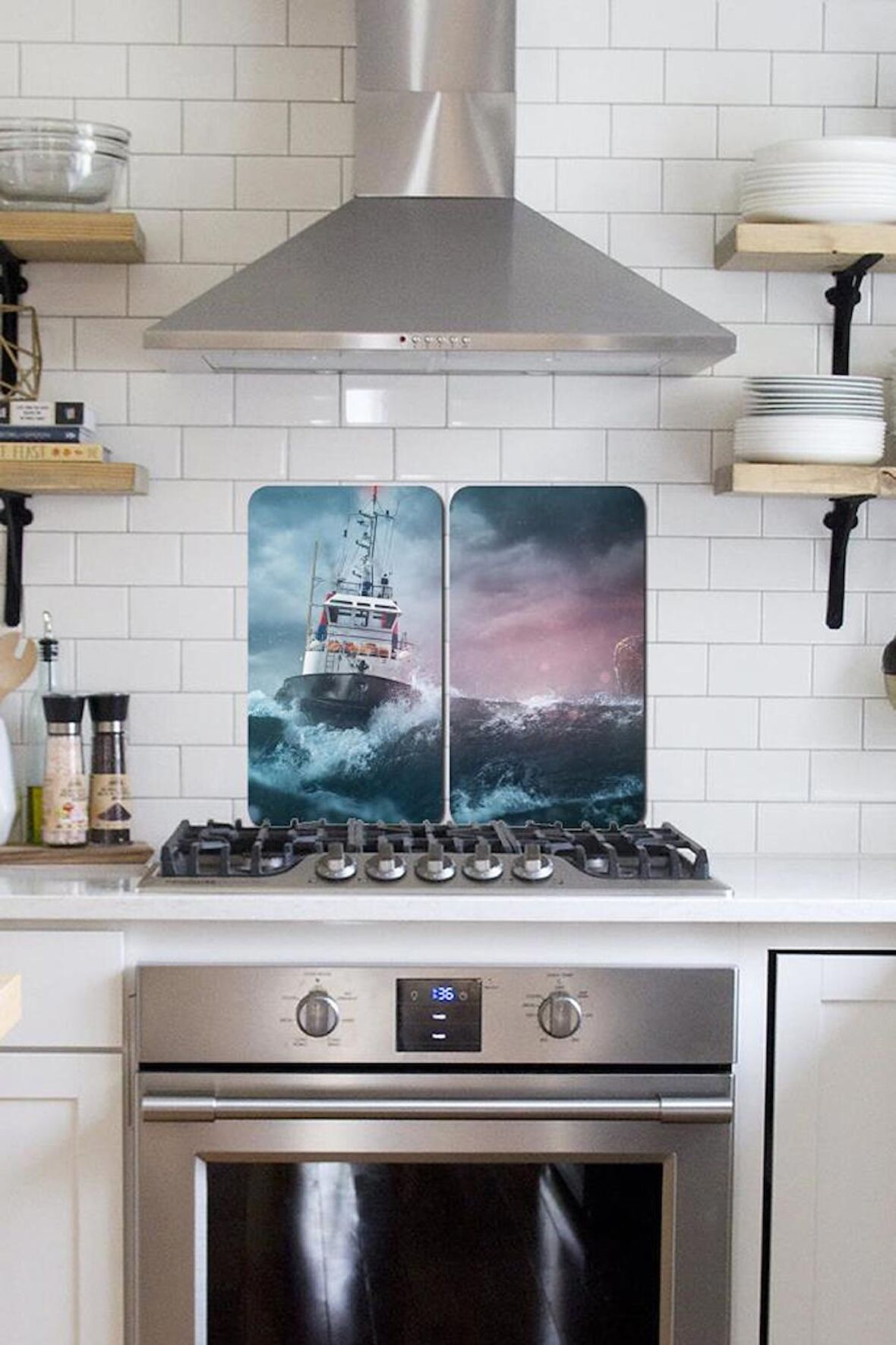 2' li 30x52 cm Fırtınalı Deniz Desenli Cam Ocak Arkası Koruyucusu