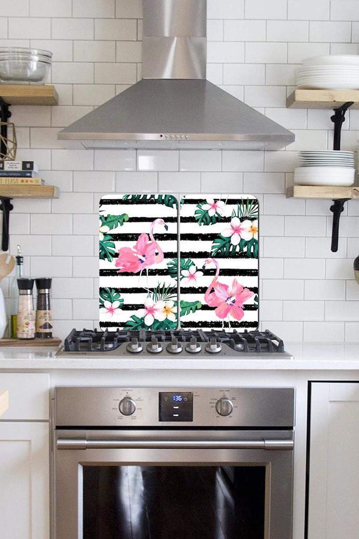 2' li 30x52 cm Flamingo & Çiçekler Desenli Cam Ocak Arkası Koruyucusu