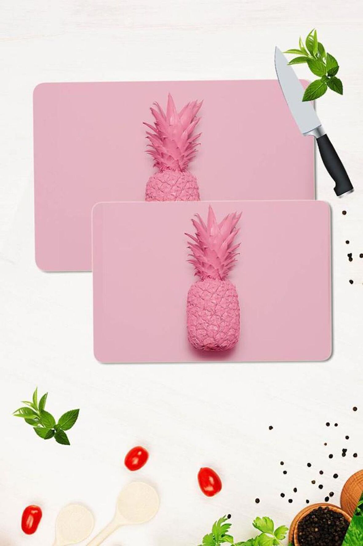 2' li Takım 30x40 cm ve 20x30 cm Pembe Ananas Desenli Cam Kesim Tablası ve Ocak Koruma