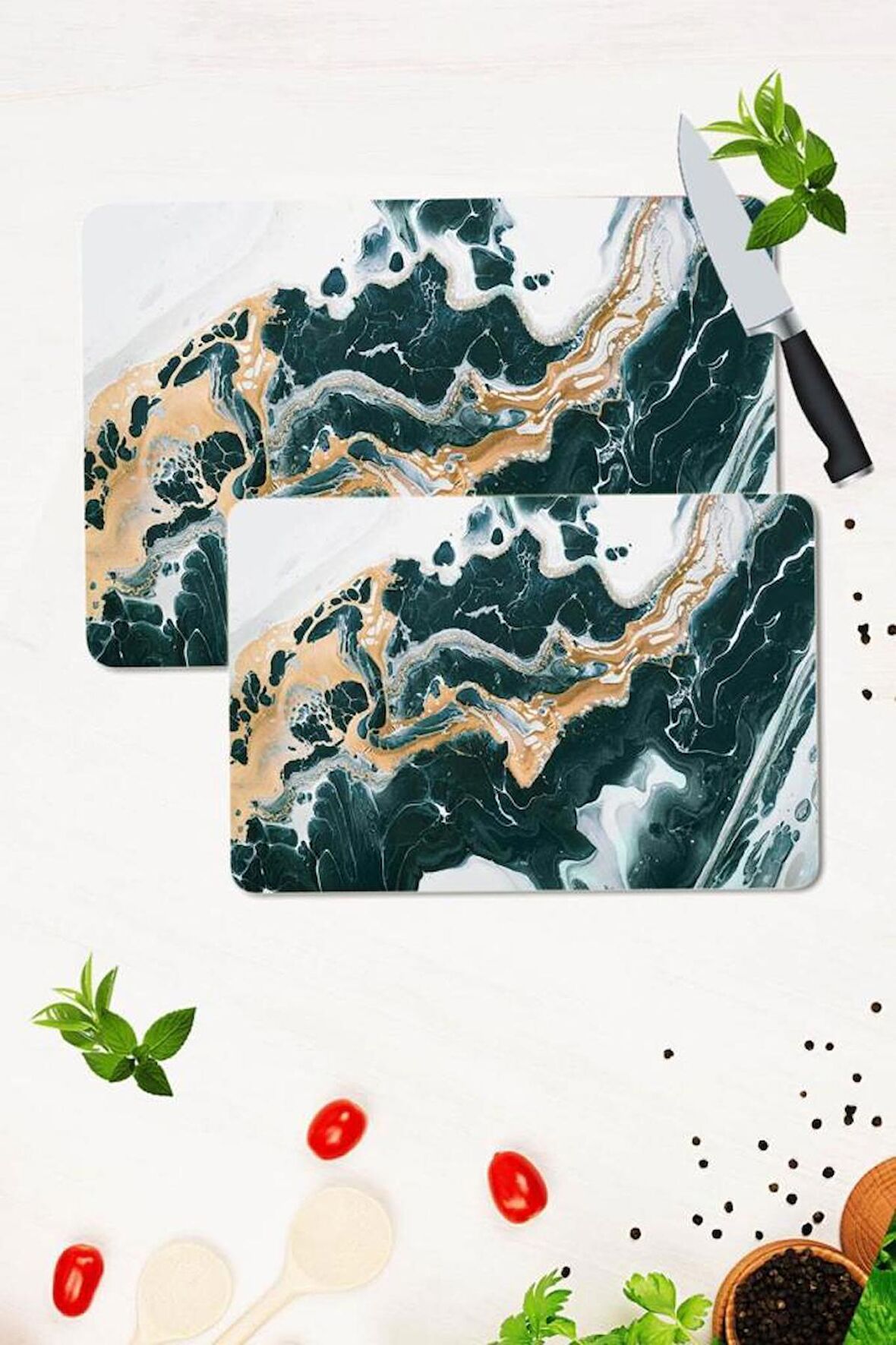 2' li Takım 30x40 cm ve 20x30 cm Model 33 Desenli Cam Kesim Tablası ve Ocak Koruma