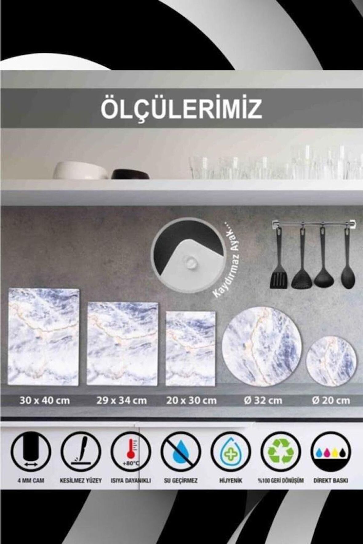 2' li Takım 30x40 cm ve 20x30 cm Model 207 Desenli Cam Kesim Tablası ve Ocak Koruma
