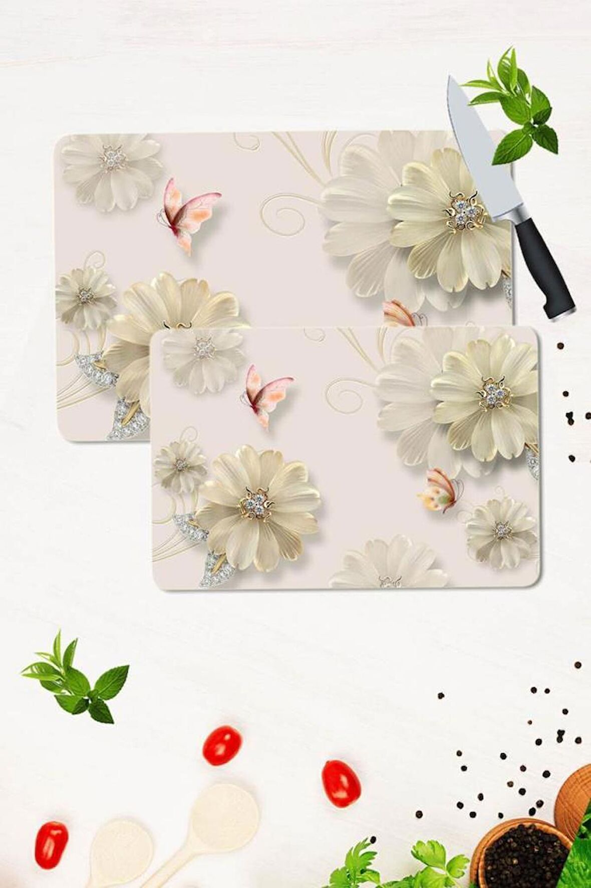 2' li Takım 30x40 cm ve 20x30 cm Model 94 Desenli Cam Kesim Tablası ve Ocak Koruma