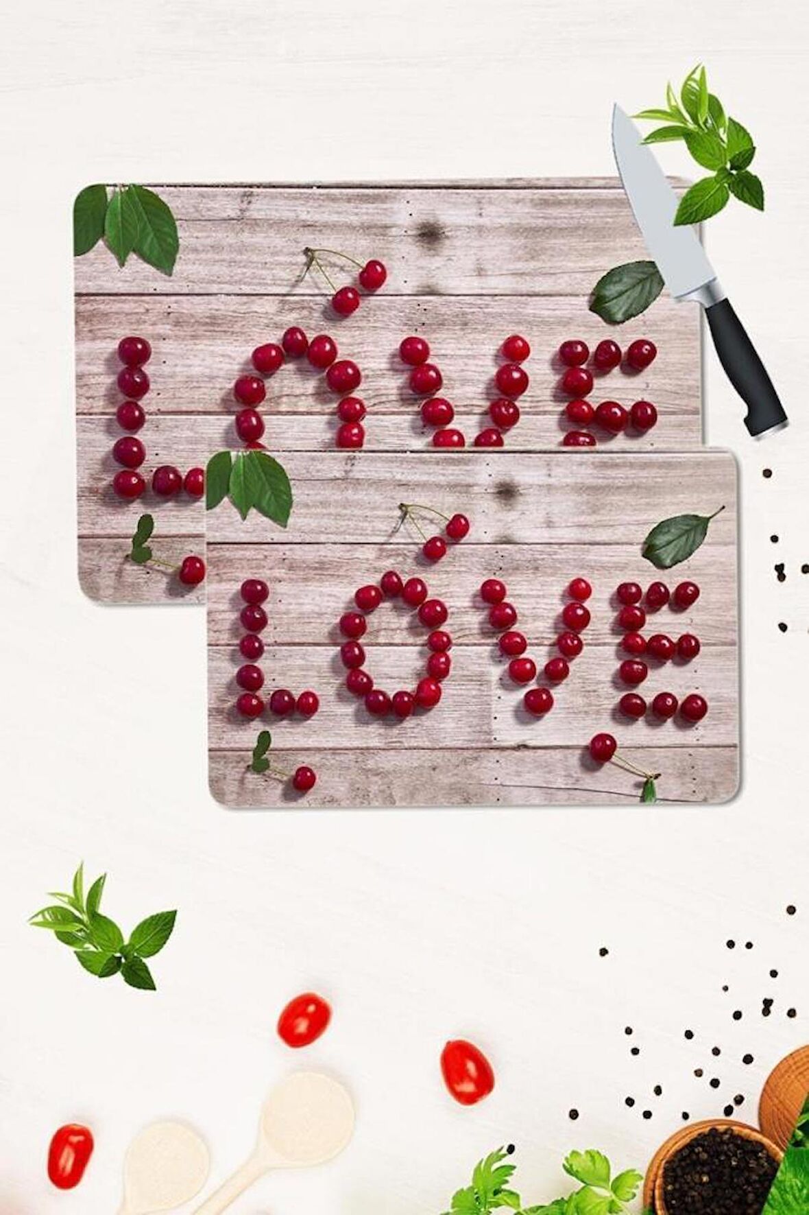 2' li Takım 30x40 cm ve 20x30 cm Love Kiraz Desenli Cam Kesim Tablası ve Ocak Koruma