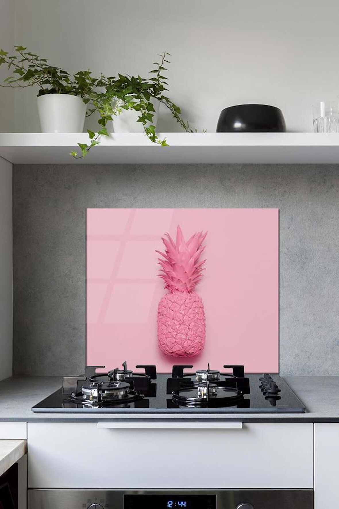 60 x 70 cm Pembe Ananas Desenli Cam Ocak Arkası Koruyucu