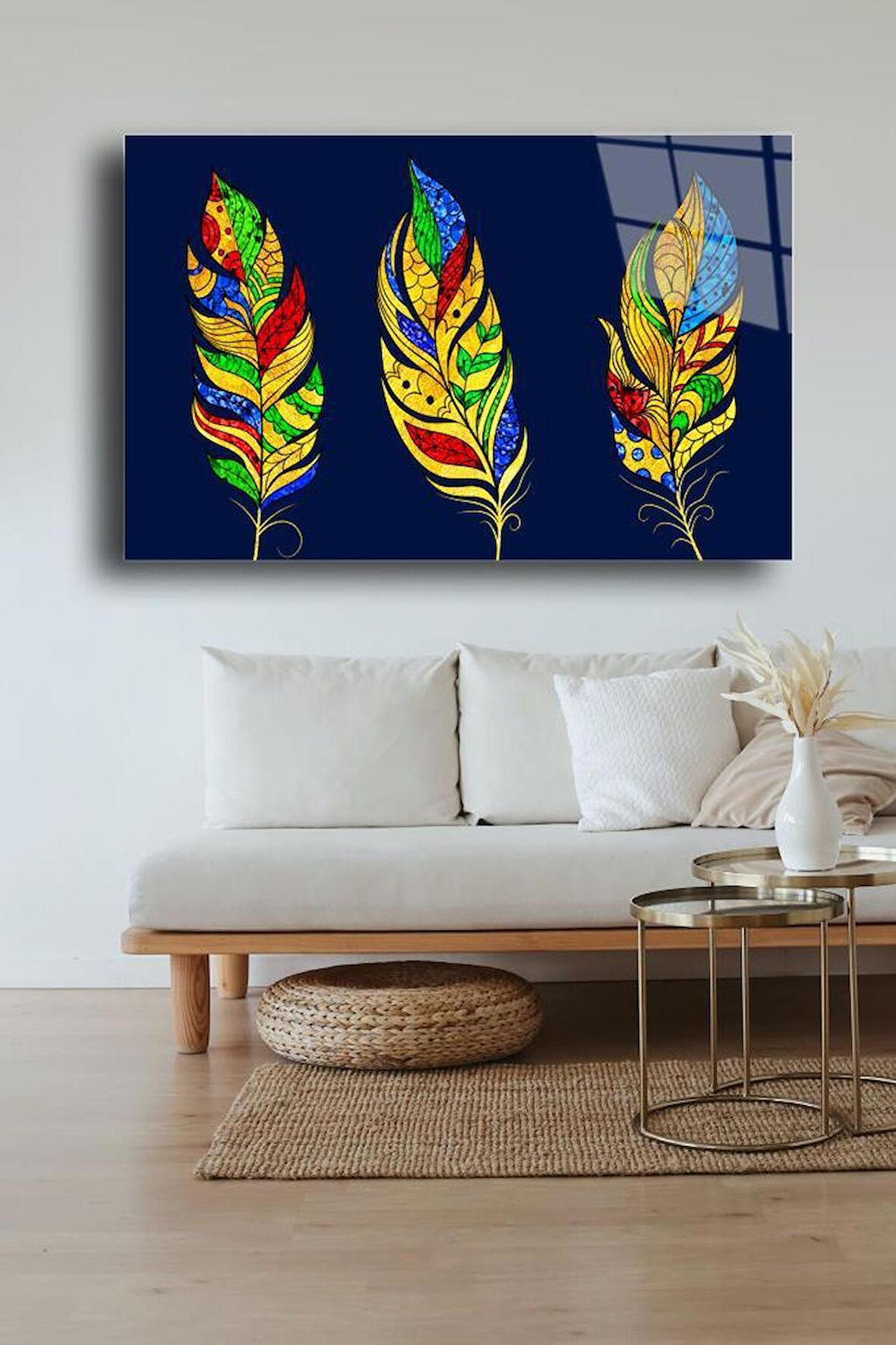 60 x 70 cm Sarı Tüy Desenli Cam Tablo 4mm Temperli Camdır