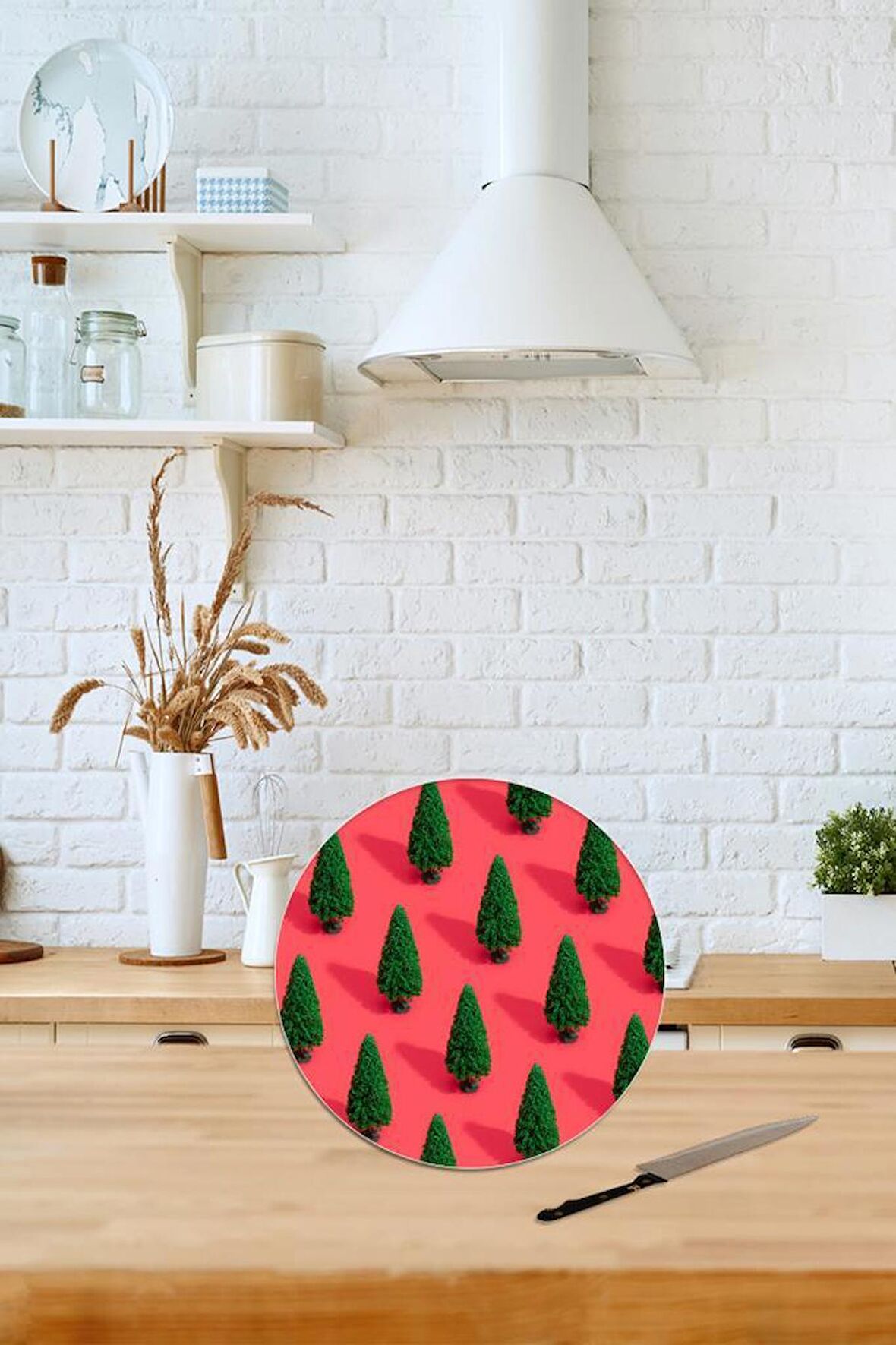 Çap 20 cm Çam Ağacı Desenli Cam Kesim Tablası