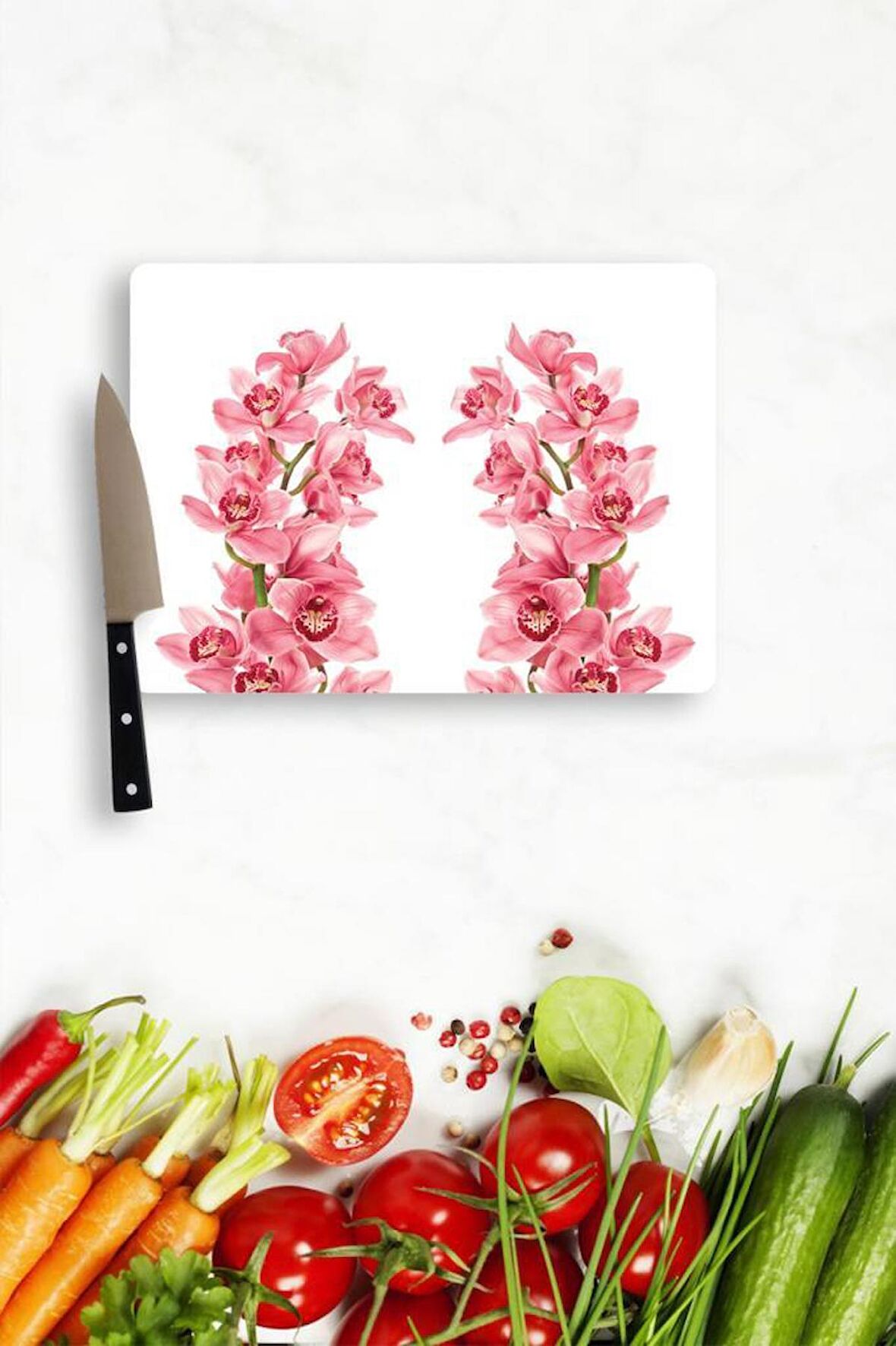 20x30 cm Pembe Orkide Desenli Cam Kesim Tablası