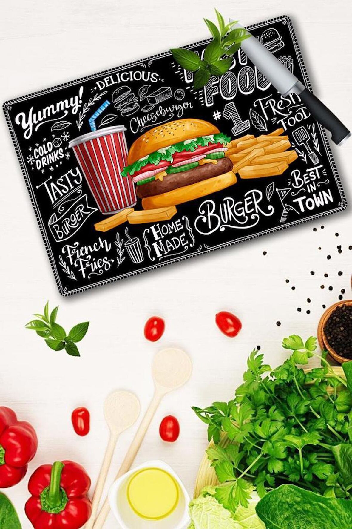 20x30 cm Fast Food Desenli Cam Kesme Tablası