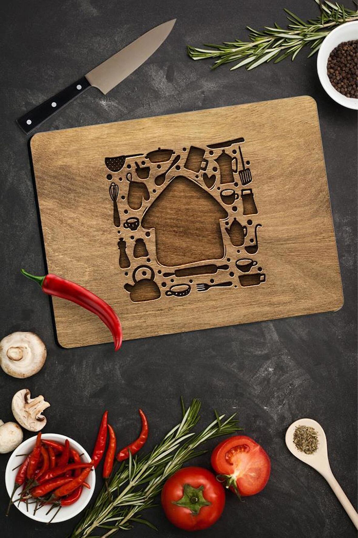 30x40 cm Ahşap Ev Desenli Cam Kesme Tablası/Tahtası