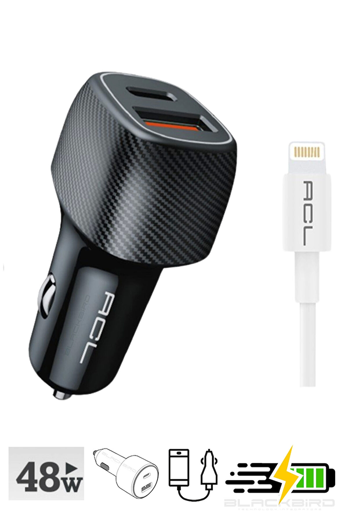 Hızlı Şarj 48Watt 6A  1xUSB-A 1xUSB-C Lightning Kablo Araç İçi Şarj Aleti AC-93