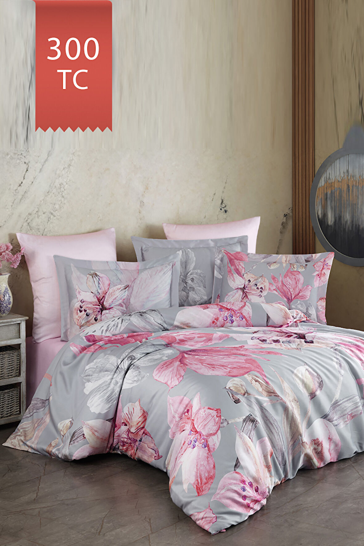 Varol Royal Saten 300TC Nevresim Takımı (Çift Nevresimli) Family Size  - LİLYA