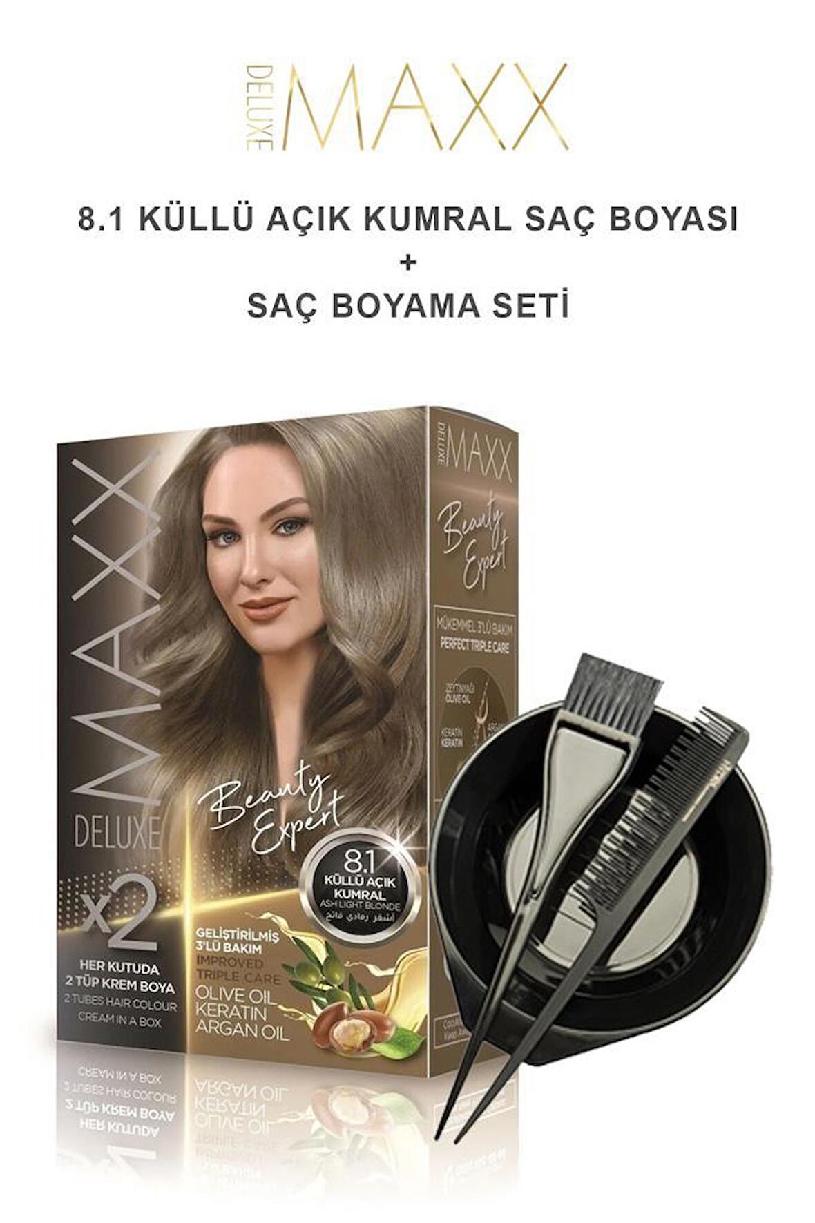 Maxx Deluxe Saç Boyası 8.1 Küllü Açık Kumral-Boyama Seti