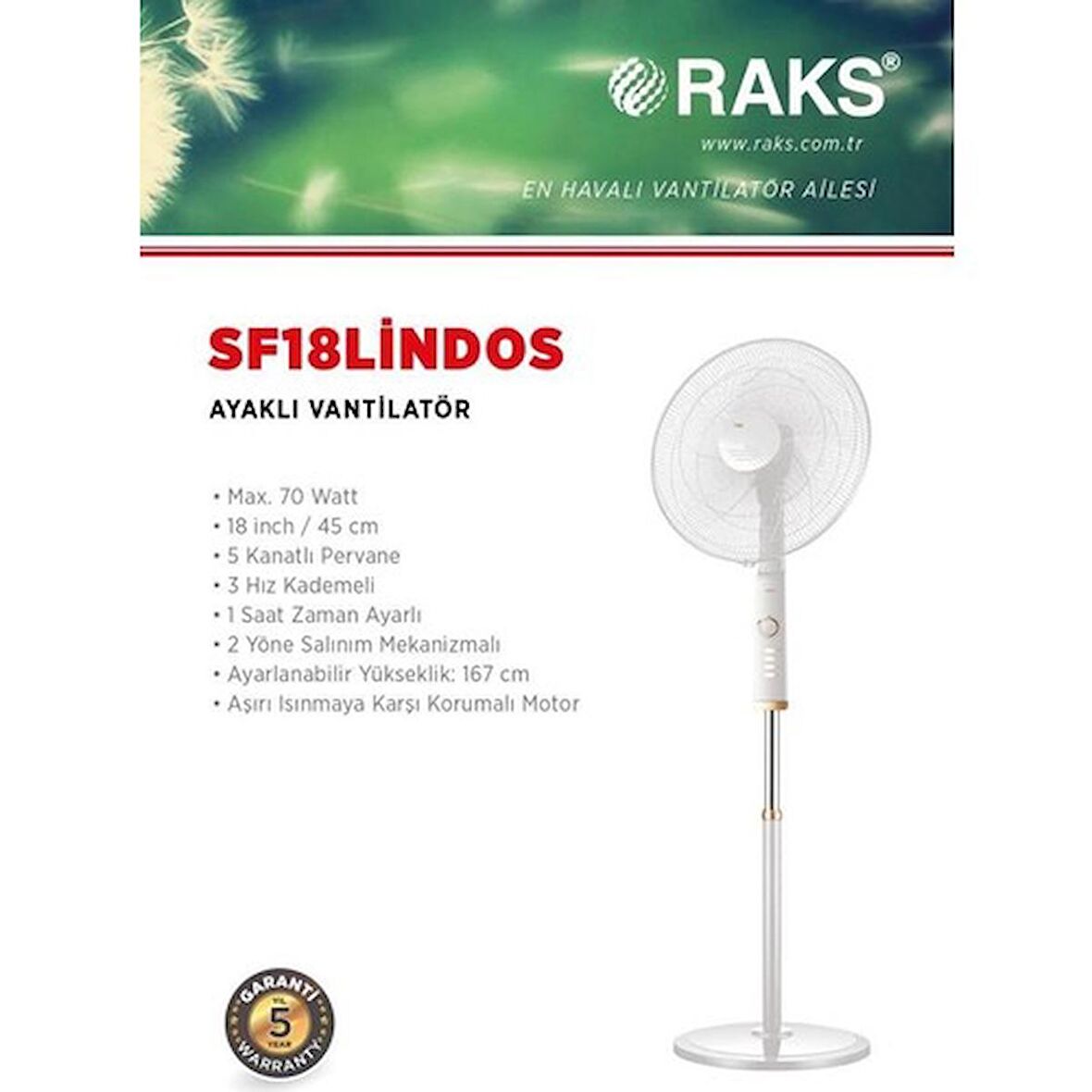 Raks Sf 18 Lindos 5 Kanatlı 75 W Ayaklı Vantilatör