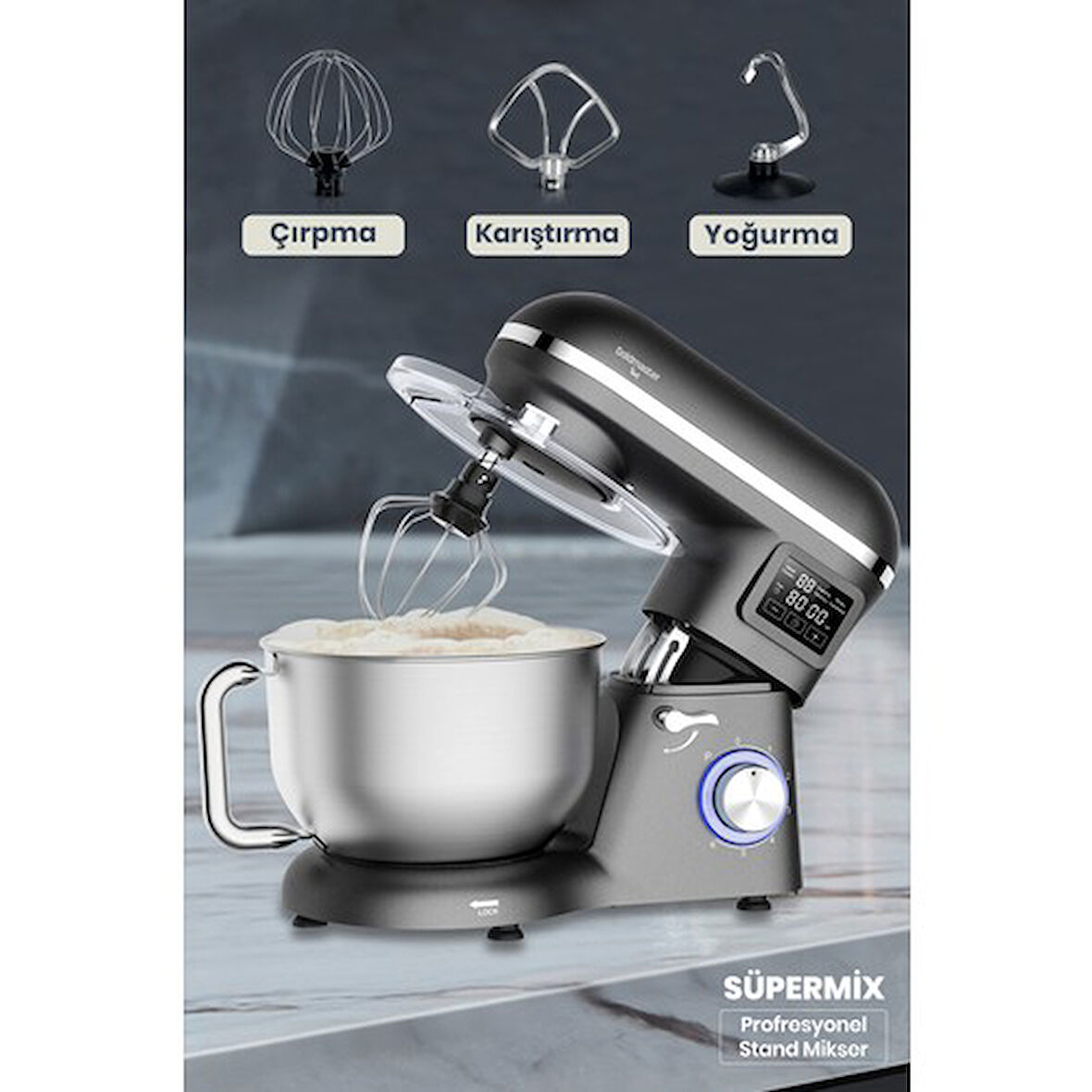 GOLDMASTER GM-7262  ANTRASİT MİKSER MUTFAK ŞEFİ SÜPERMİX DOKUNMATİK 1500W 5.5 LT STAND