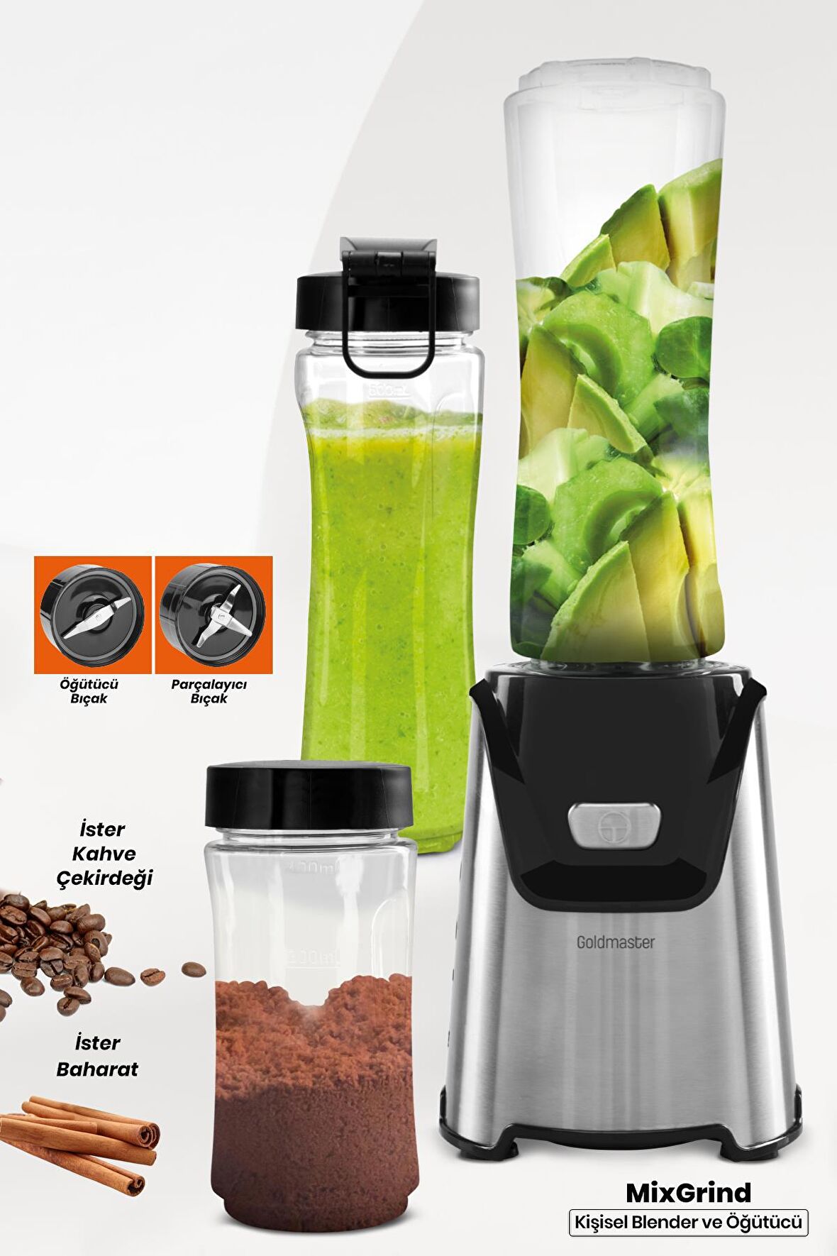 Goldmaster Mixgrind 2in1 Paslanmaz Çelik Bıçaklı Kişisel Smoothie Blender ve Kahve Baharat Öğütücü