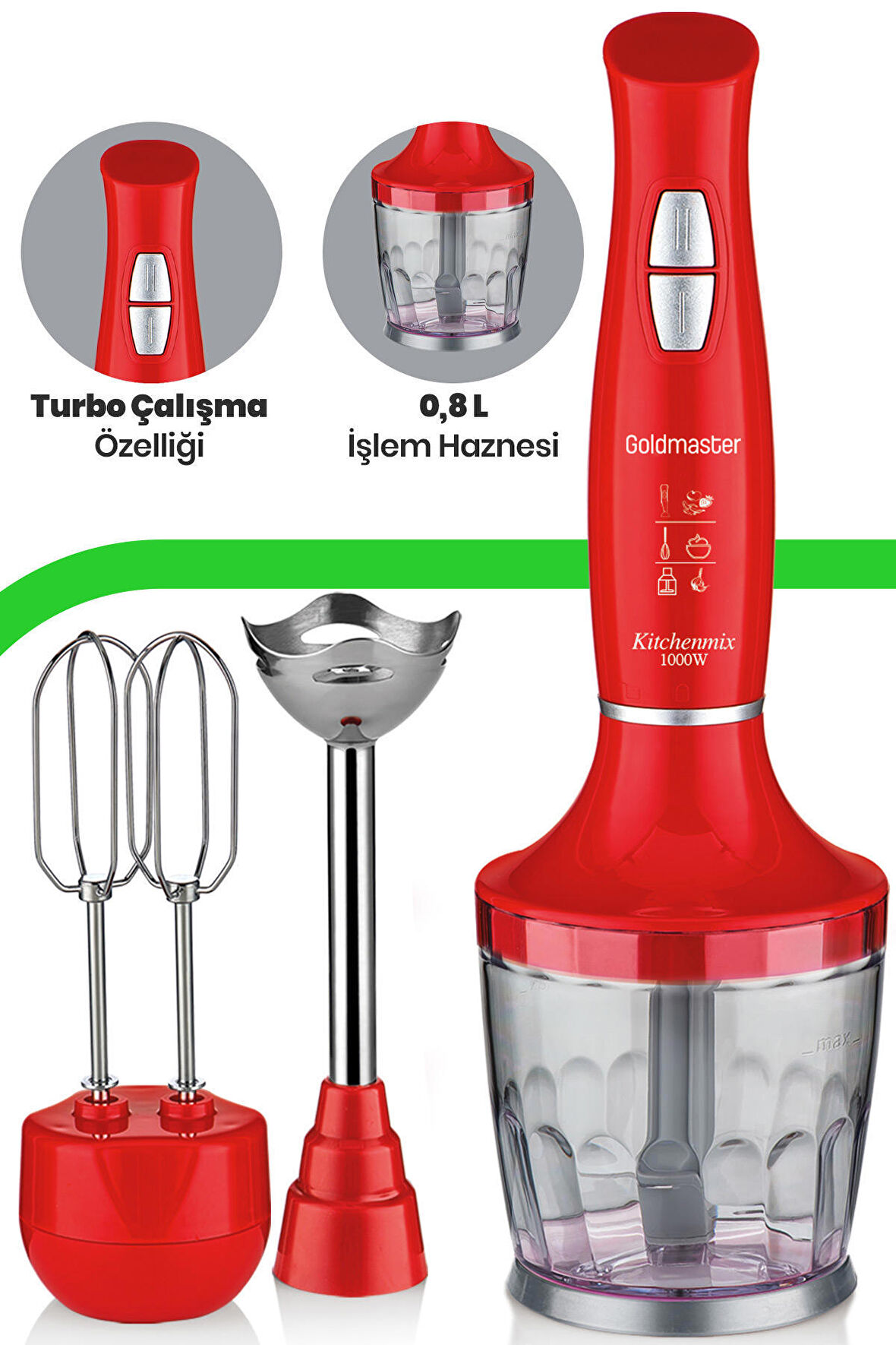 GoldMaster Kitchenmix 1000W Güçlü Motor Turbo Hız Ayarlı 3 in 1 Blender Set Kırmızı IN6140K