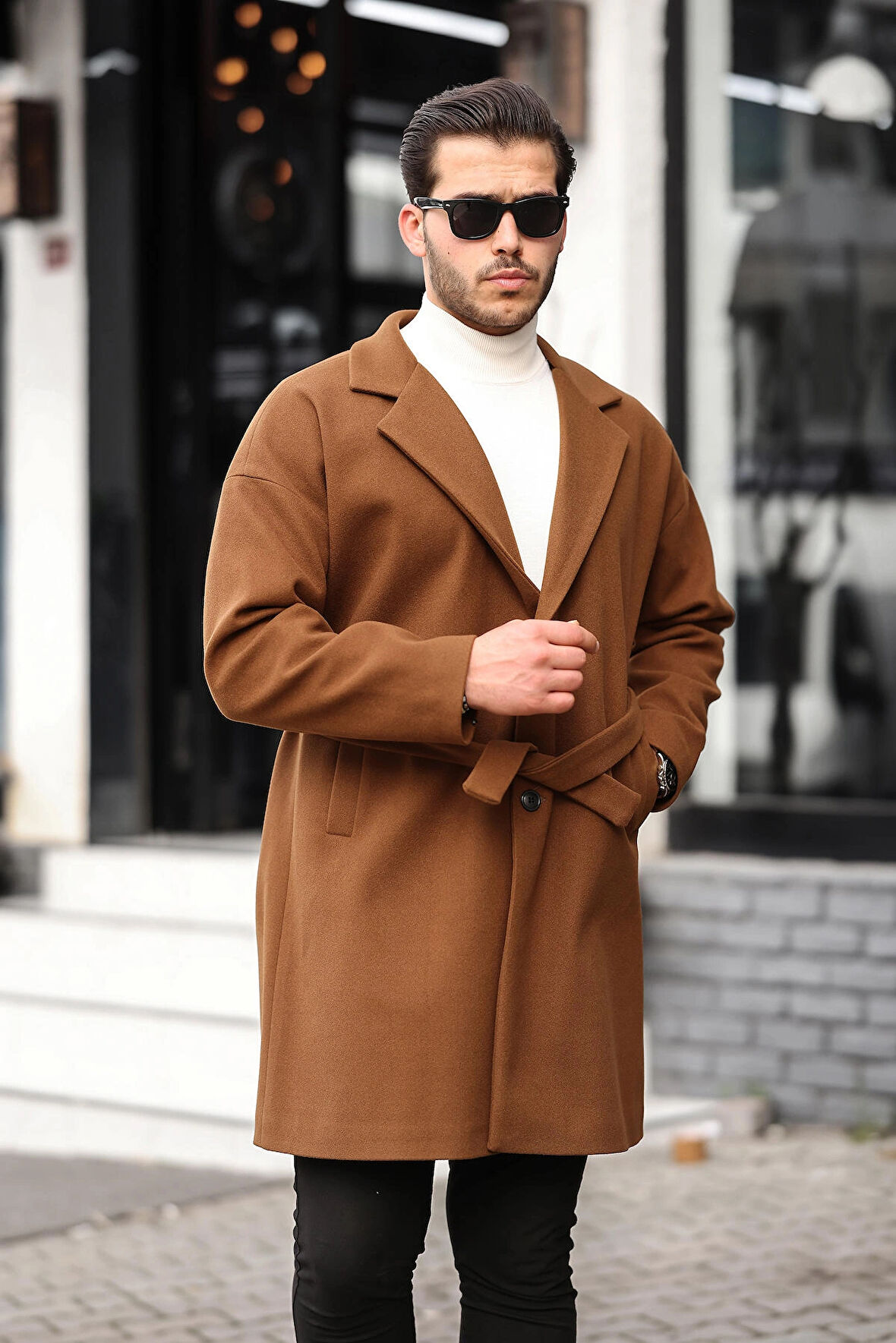 Erkek Taba Kemerli Oversize Rahat Kesim Kaşe Kaban