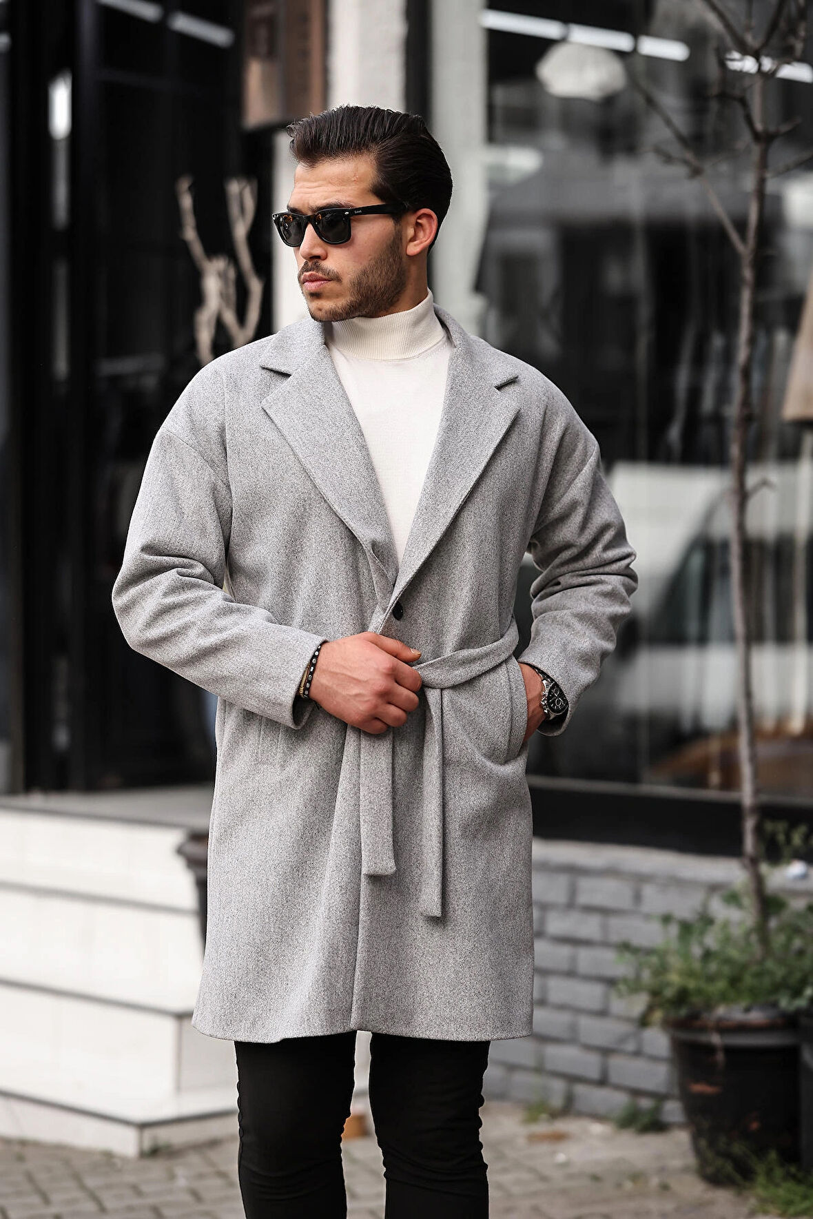 Erkek Açık Gri Kemerli Oversize Rahat Kesim Kaşe Kaban