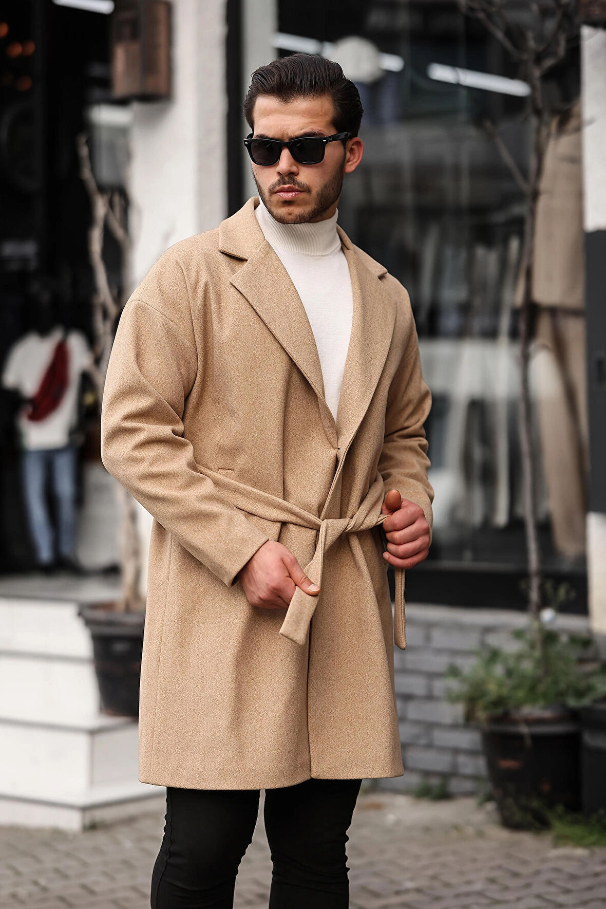 Erkek Hardal Kemerli Oversize Rahat Kesim Kaşe Kaban