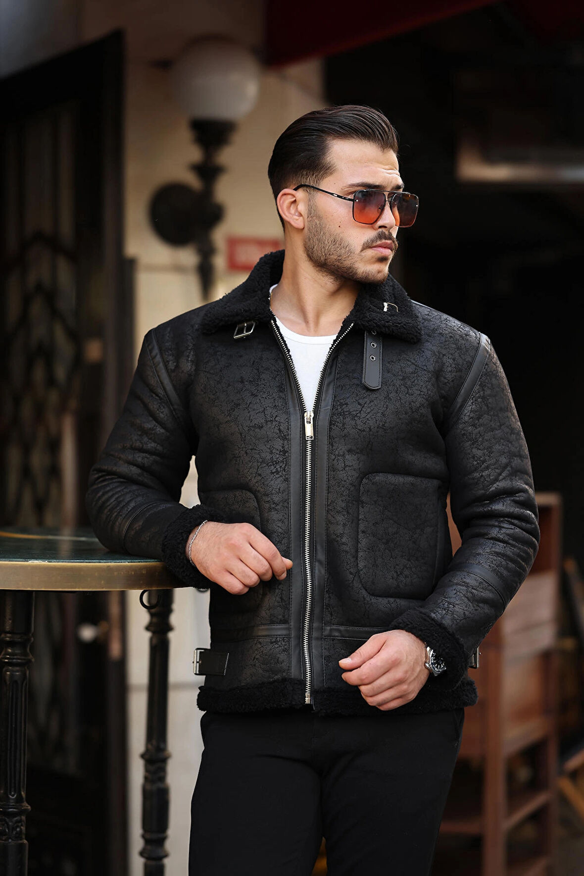 Erkek Napa Deri Içi Full Kürklü Yüksek Kalite Slim Fit Siyah Mont & Ceket