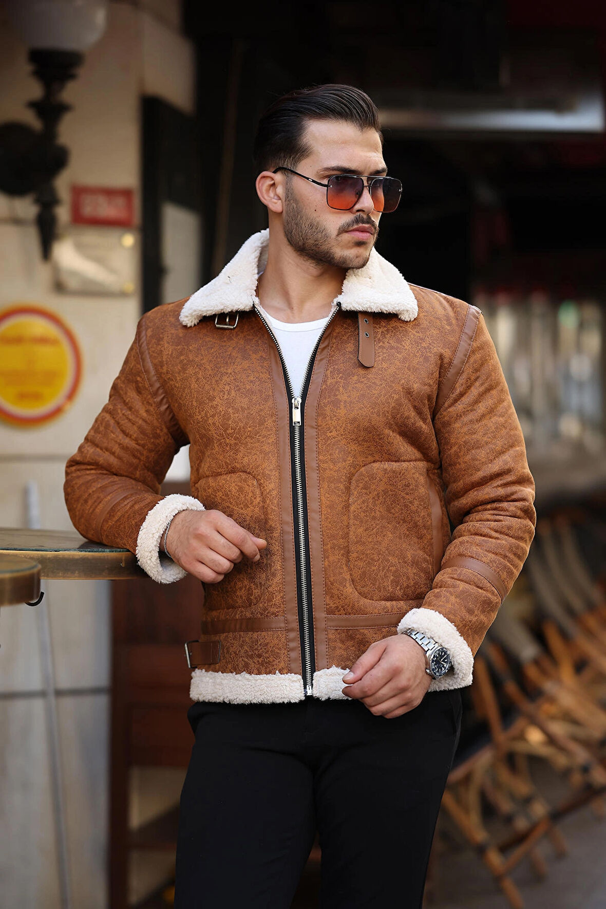 Erkek Napa Deri Içi Full Kürklü Yüksek Kalite Slim Fit Taba Mont & Ceket