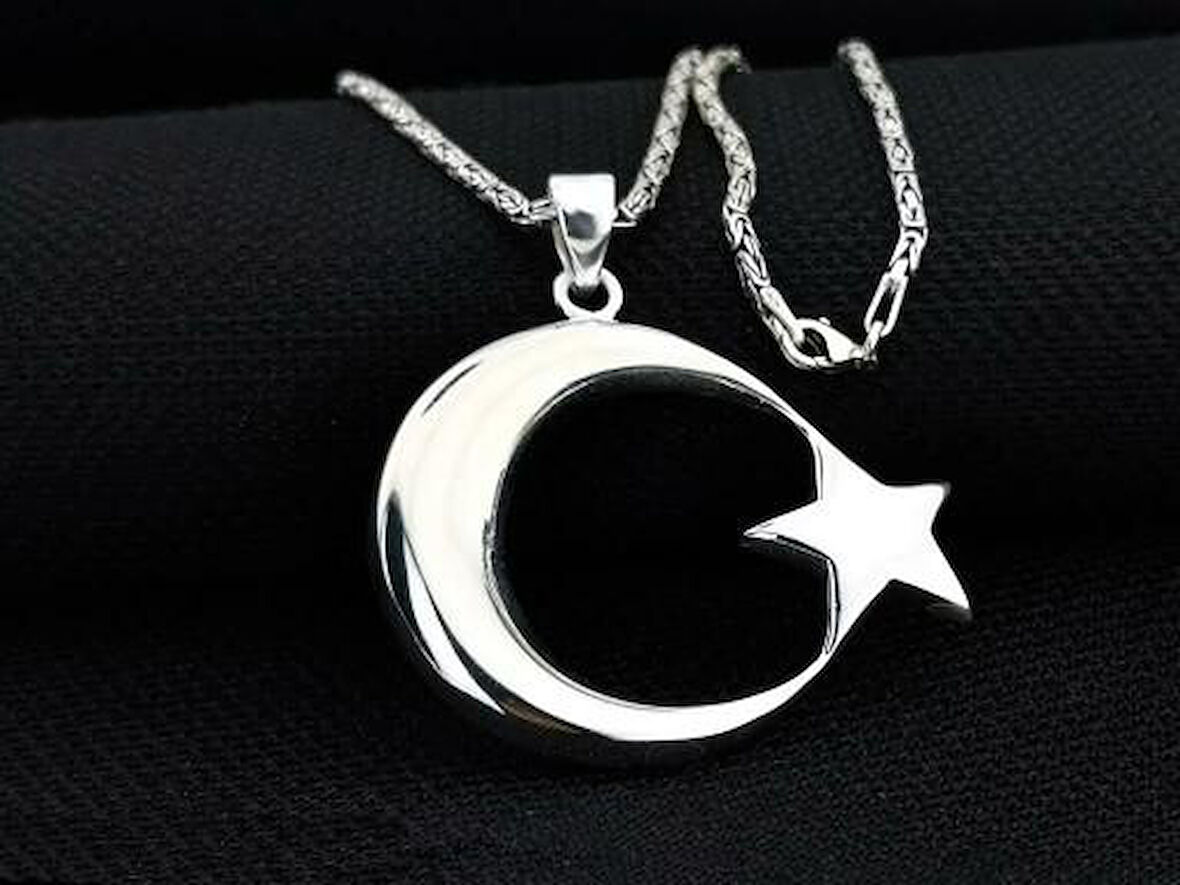Şanlı Ay Yıldız Büyük Boy  925 Ayar Gümüş Erkek Kolye