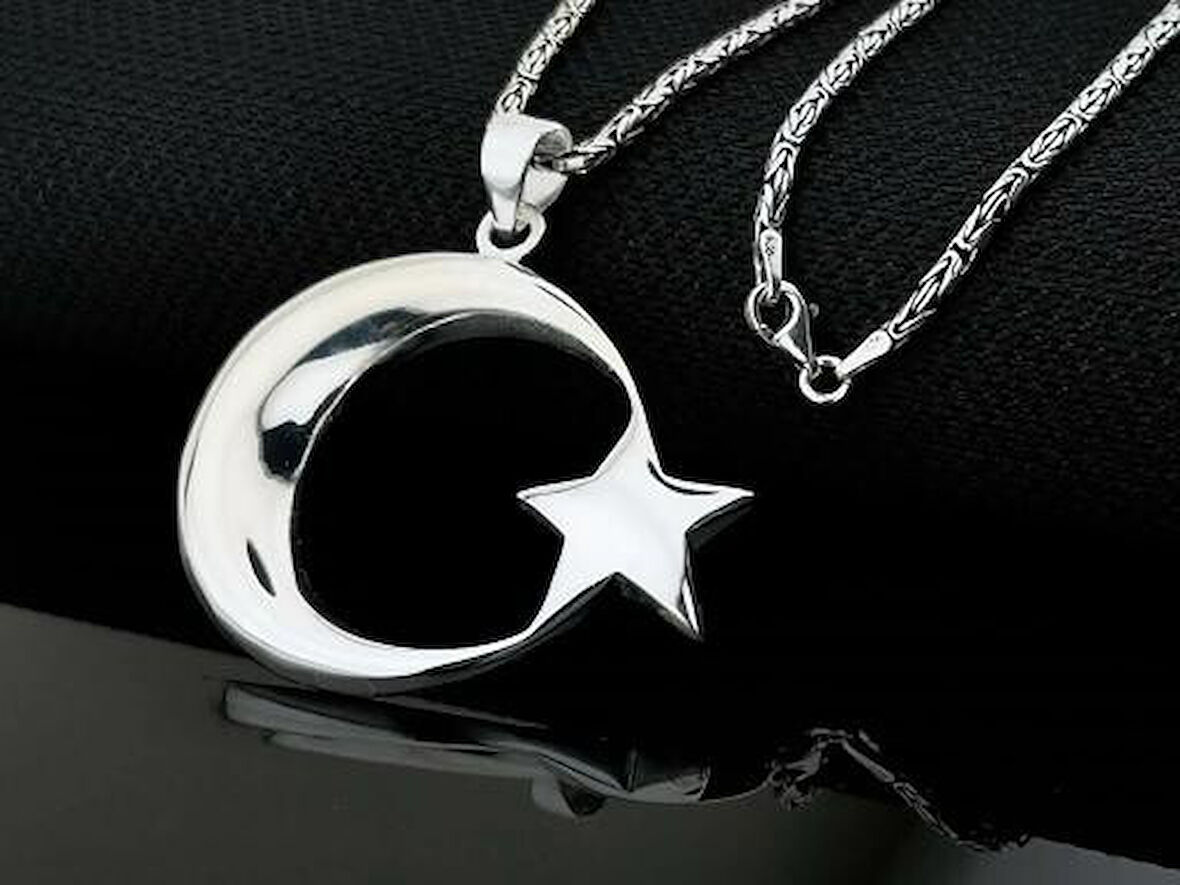 Şanlı Ay Yıldız Büyük Boy  925 Ayar Gümüş Erkek Kolye