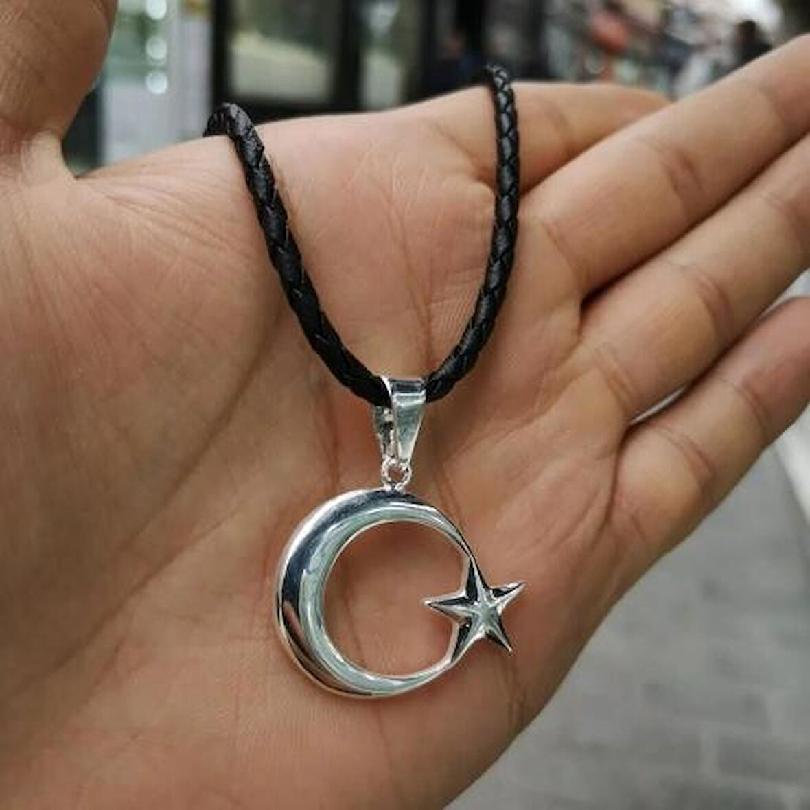 Ay Yıldız Deri İpli 925 Ayar Gümüş Erkek Kolye